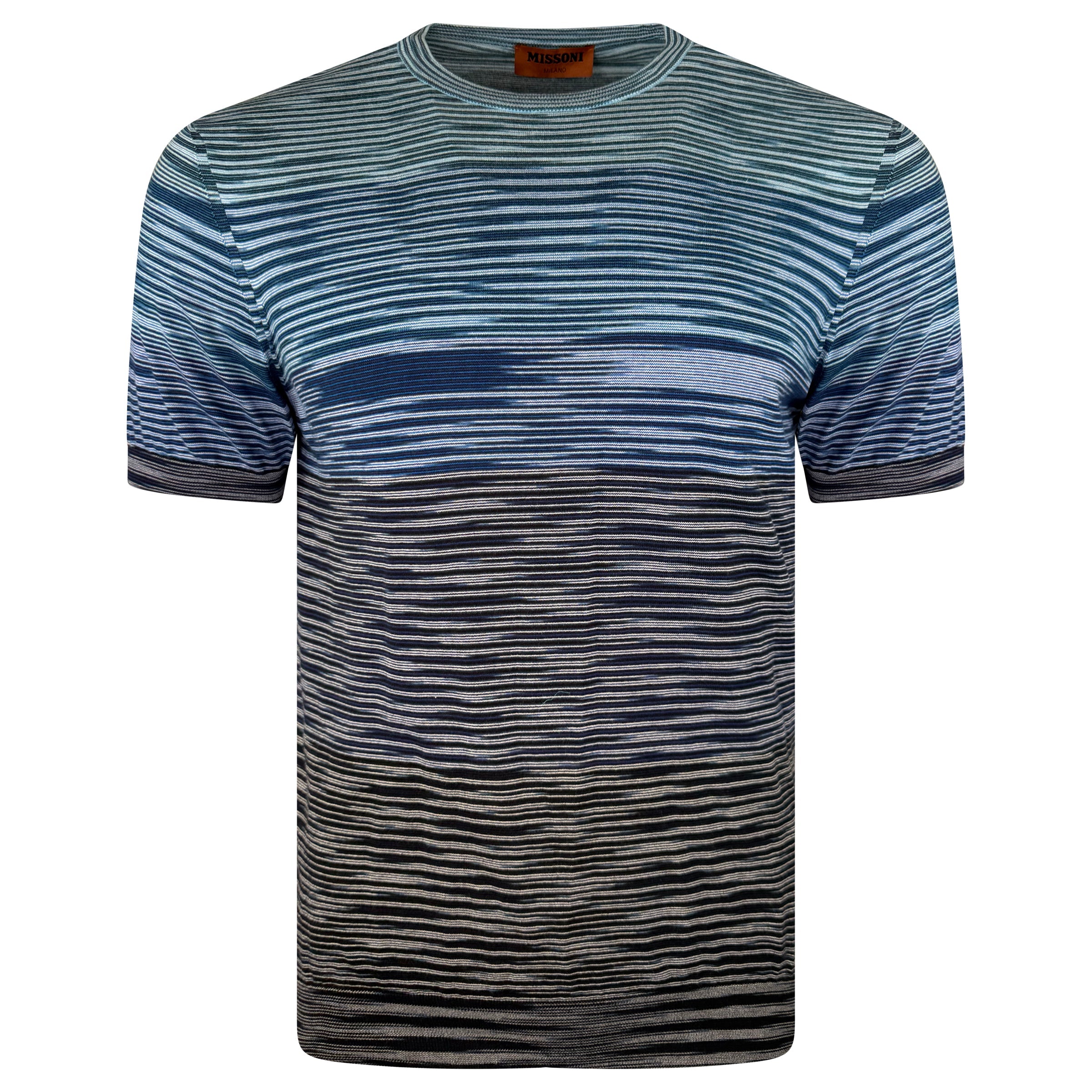 MISSONI BLUE STRIPED KNITTED T SHIRT - LARGE (Fits Medium) - Affluent ArchivesUsed HIGH END DESIGNER CLOTHING