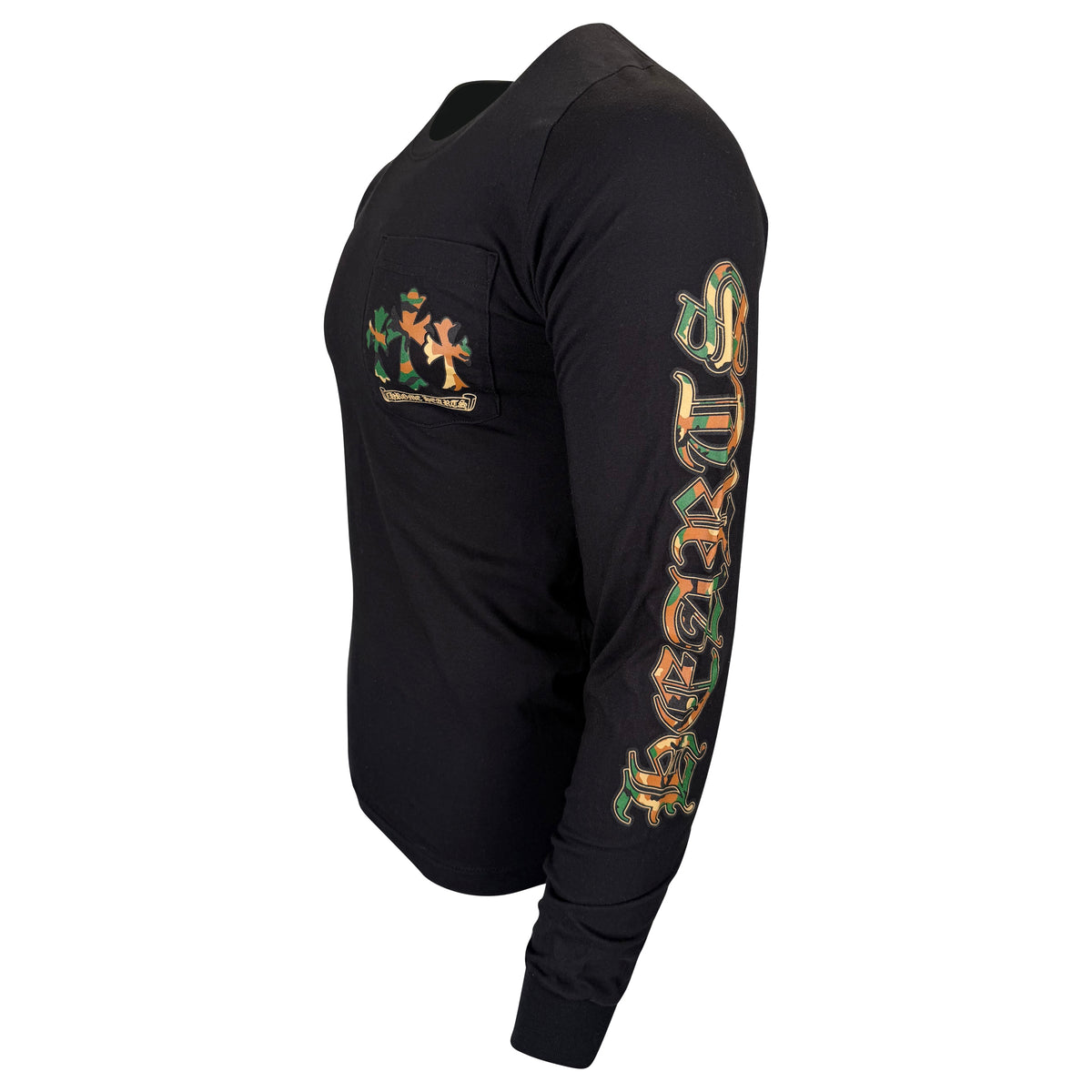 CHROME HEARTS LONG SLEEVED BLACK / CAMO LOGO T SHIRT -  SMALL | NEW