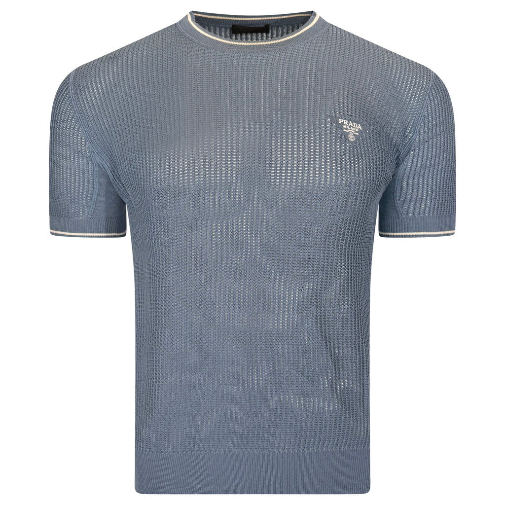 PRADA KNITTED LIGHT BLUE T SHIRT - SMALL (Fits Medium) | PRE OWNED