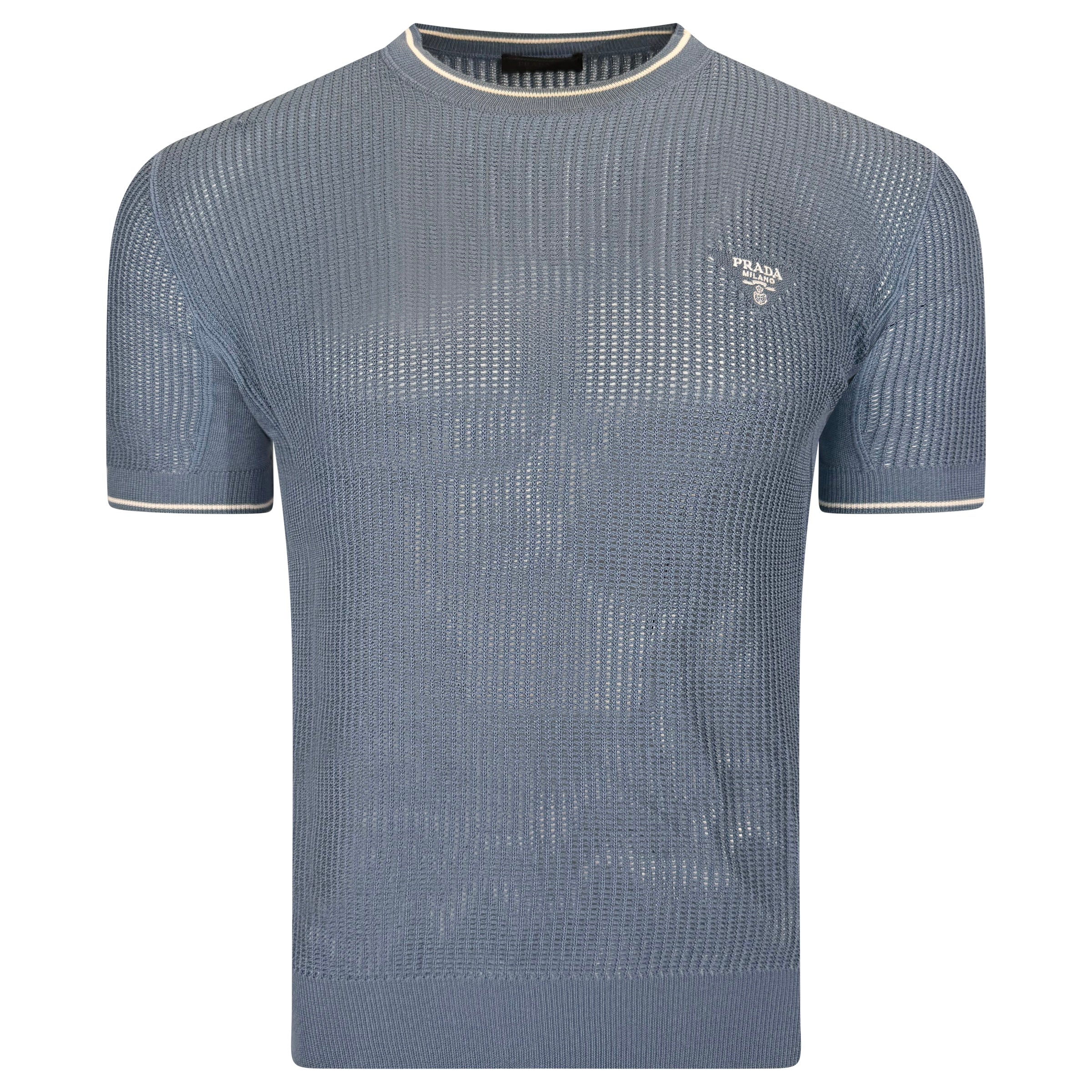 PRADA KNITTED LIGHT BLUE T SHIRT - SMALL (Fits Medium) | PRE OWNED
