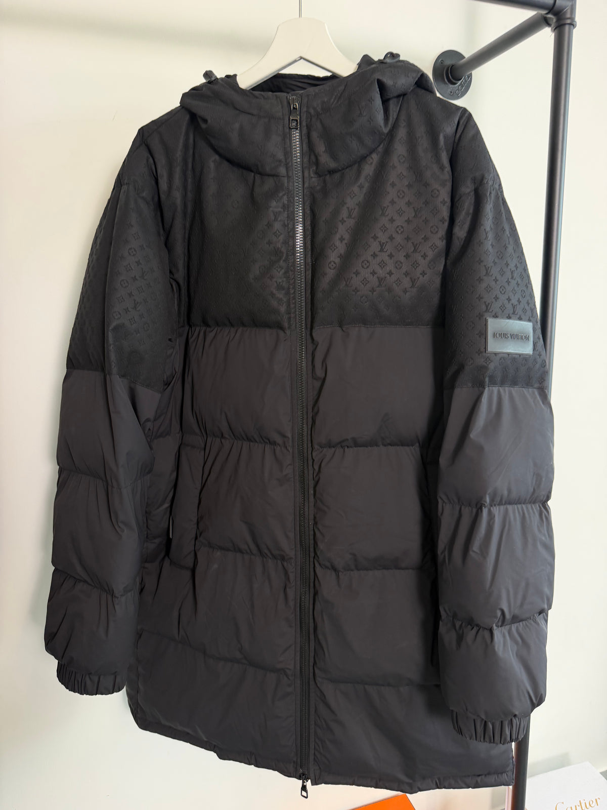 LOUIS VUITTON BLACK MONOGRAM ECODOWN PUFFER COAT - LARGE | PRE OWNED