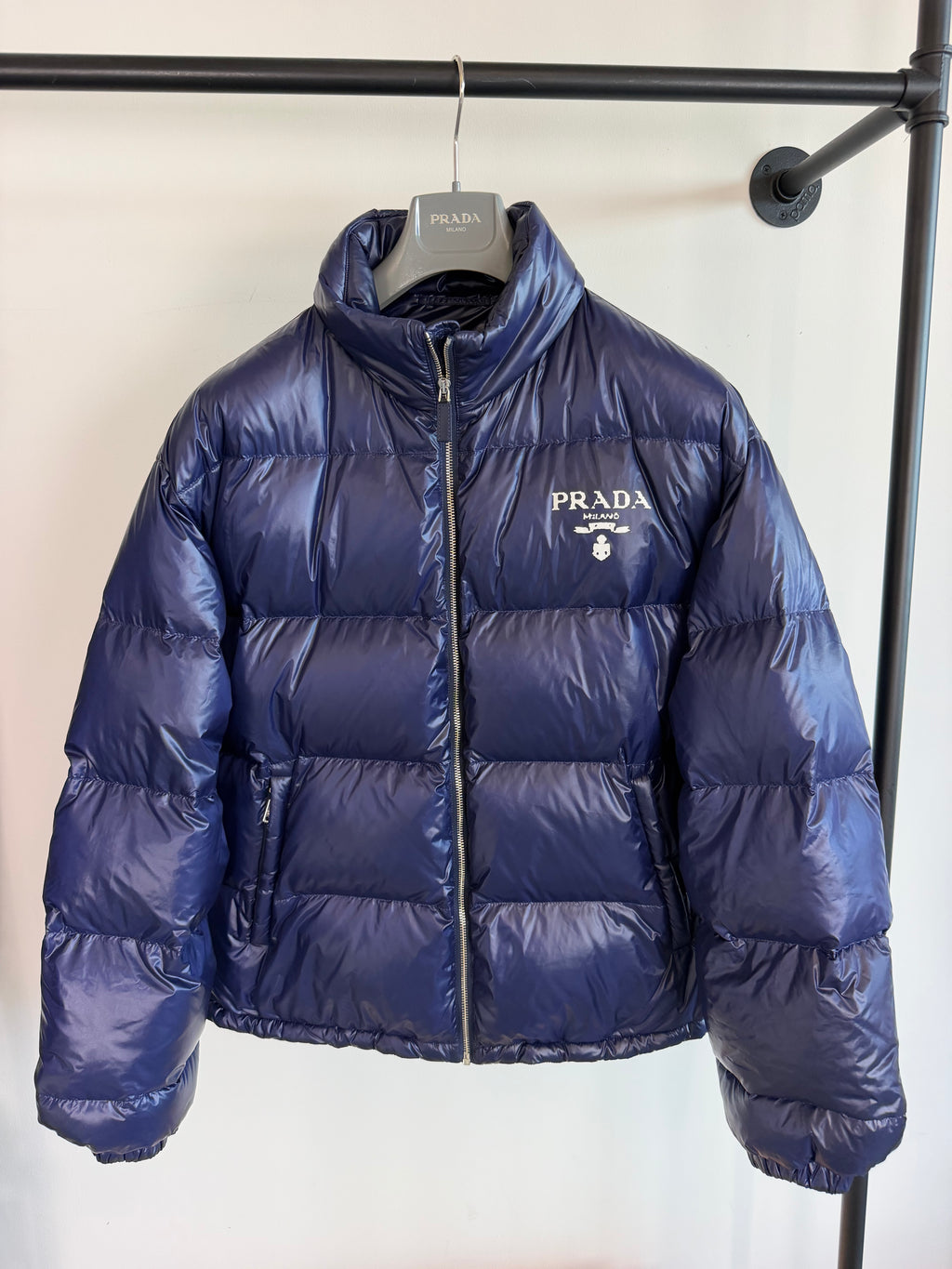 PRADA NAVY QUILTED PUFFER COAT - XL | PRE OWNED