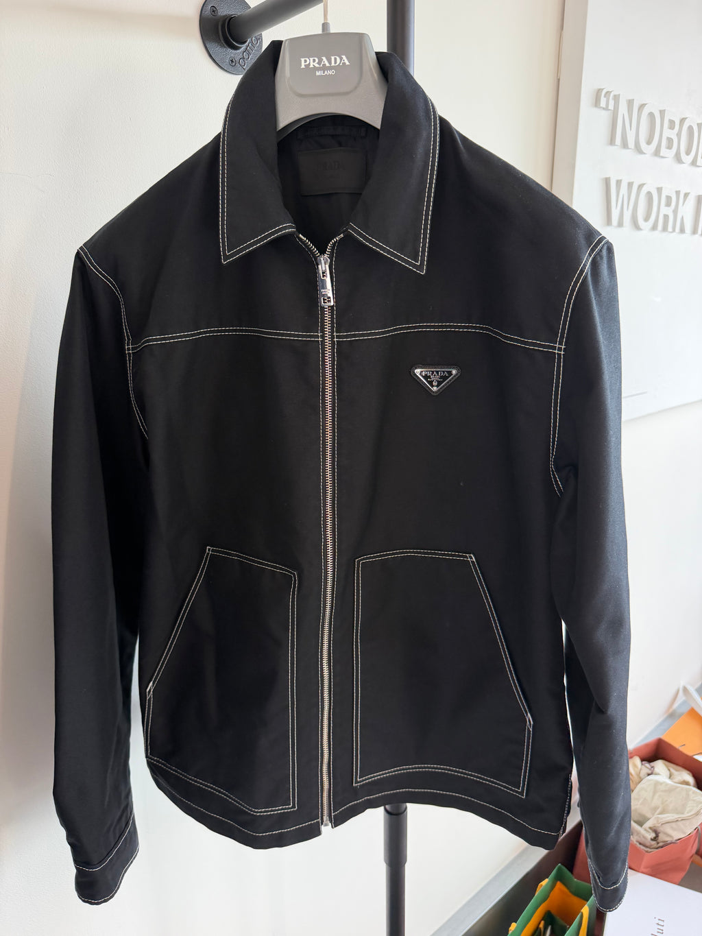 PRADA BLACK / WHITE STITCHED RE NYLON JACKET - MEDIUM (Fits L/XL) | PRE OWNED