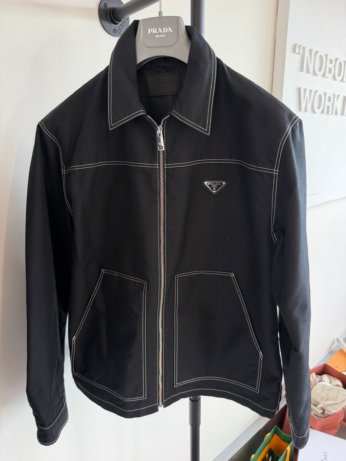 PRADA BLACK / WHITE STITCHED RE NYLON JACKET - MEDIUM (Fits L/XL) | PRE OWNED