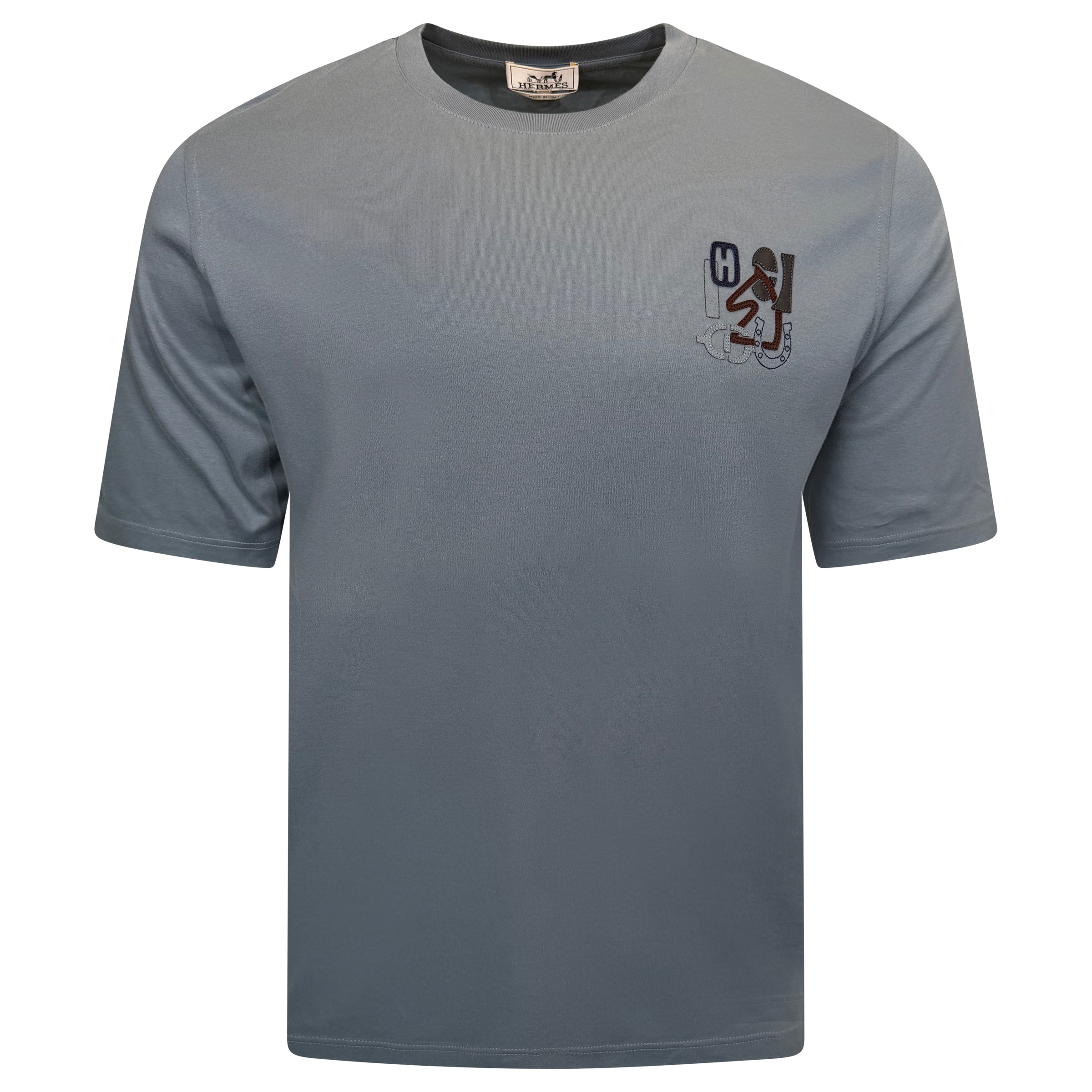 HERMES LIGHT BLUE / GREY ' H PUZZLE '  T SHIRT - LARGE | PRE OWNED