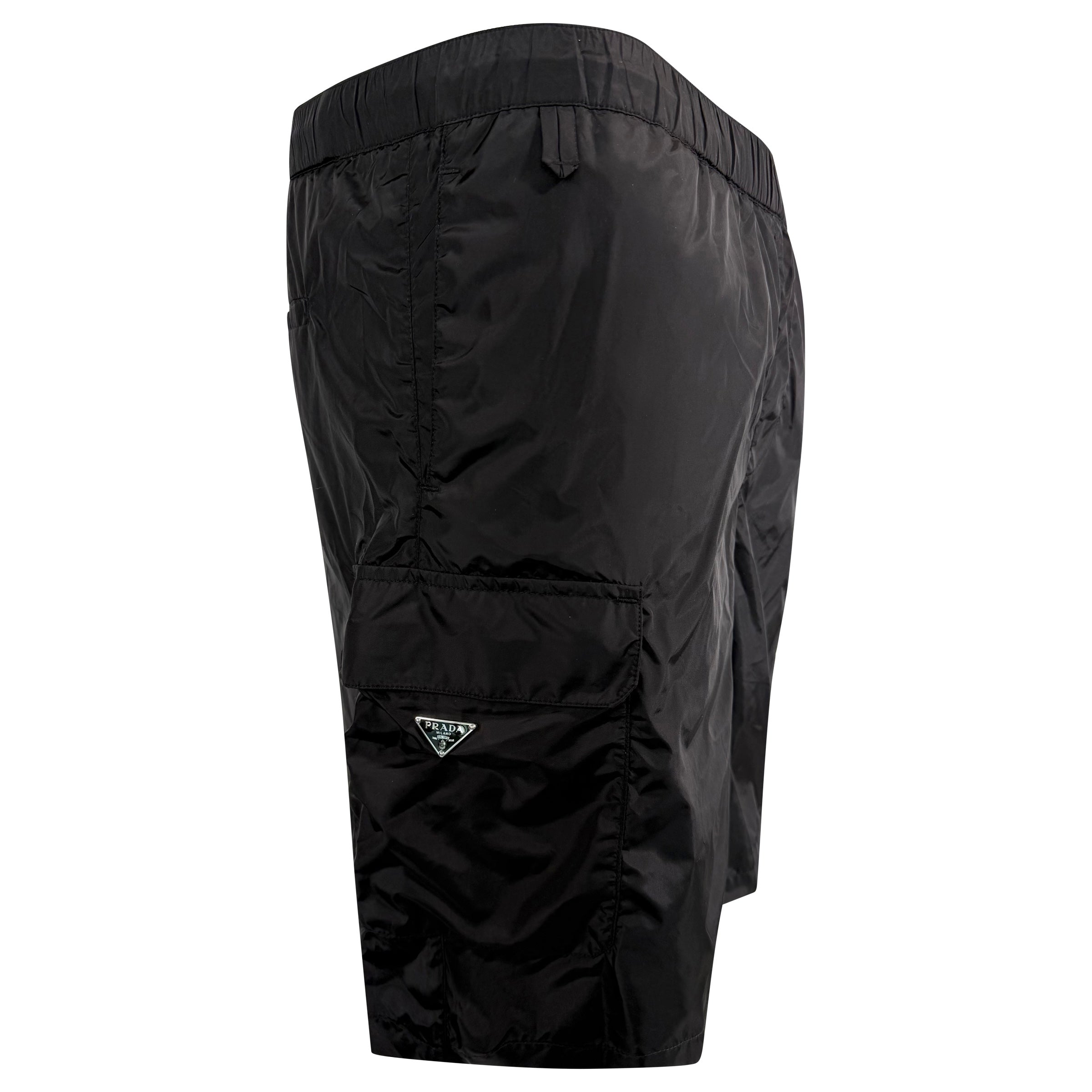 PRADA BLACK NYLON TRIANGLE BADGE SWIM SHORTS - MEDIUM (Fits Large) | PRE OWNED