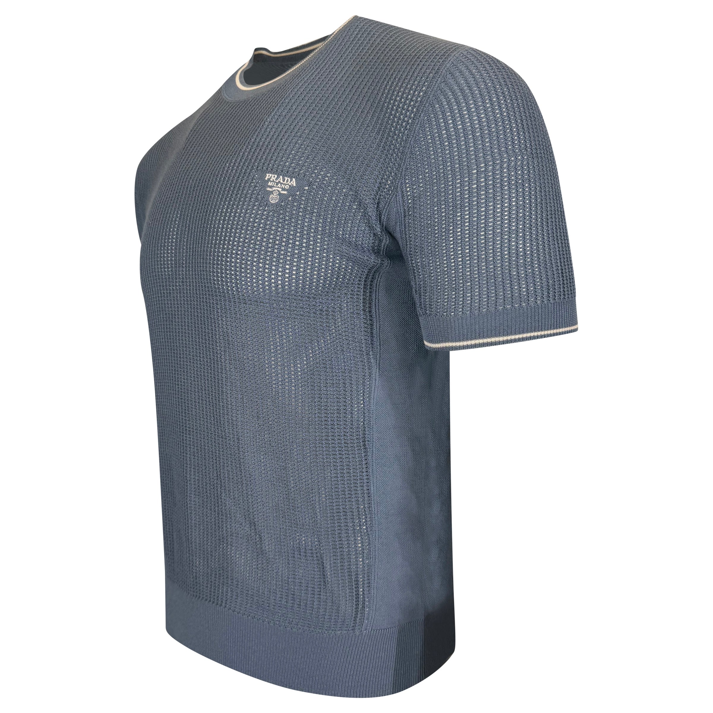 PRADA KNITTED LIGHT BLUE T SHIRT - SMALL (Fits Medium) | PRE OWNED