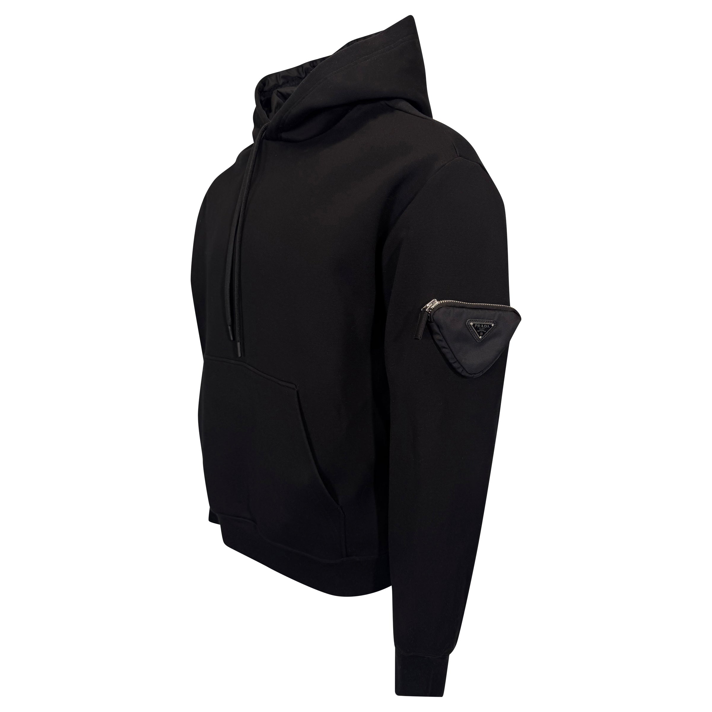 PRADA BLACK TRIANGLE ARM POCKET HOODIE - LARGE `(Fits XL) | PRE OWNED
