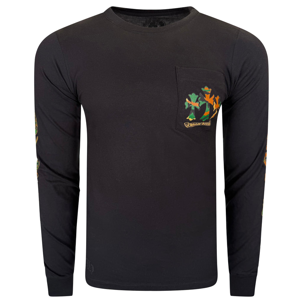 CHROME HEARTS LONG SLEEVED BLACK / CAMO LOGO T SHIRT -  SMALL | NEW