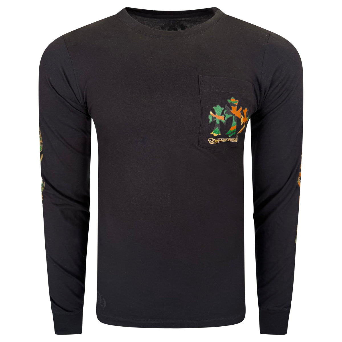 CHROME HEARTS LONG SLEEVED BLACK / CAMO LOGO T SHIRT -  SMALL | NEW
