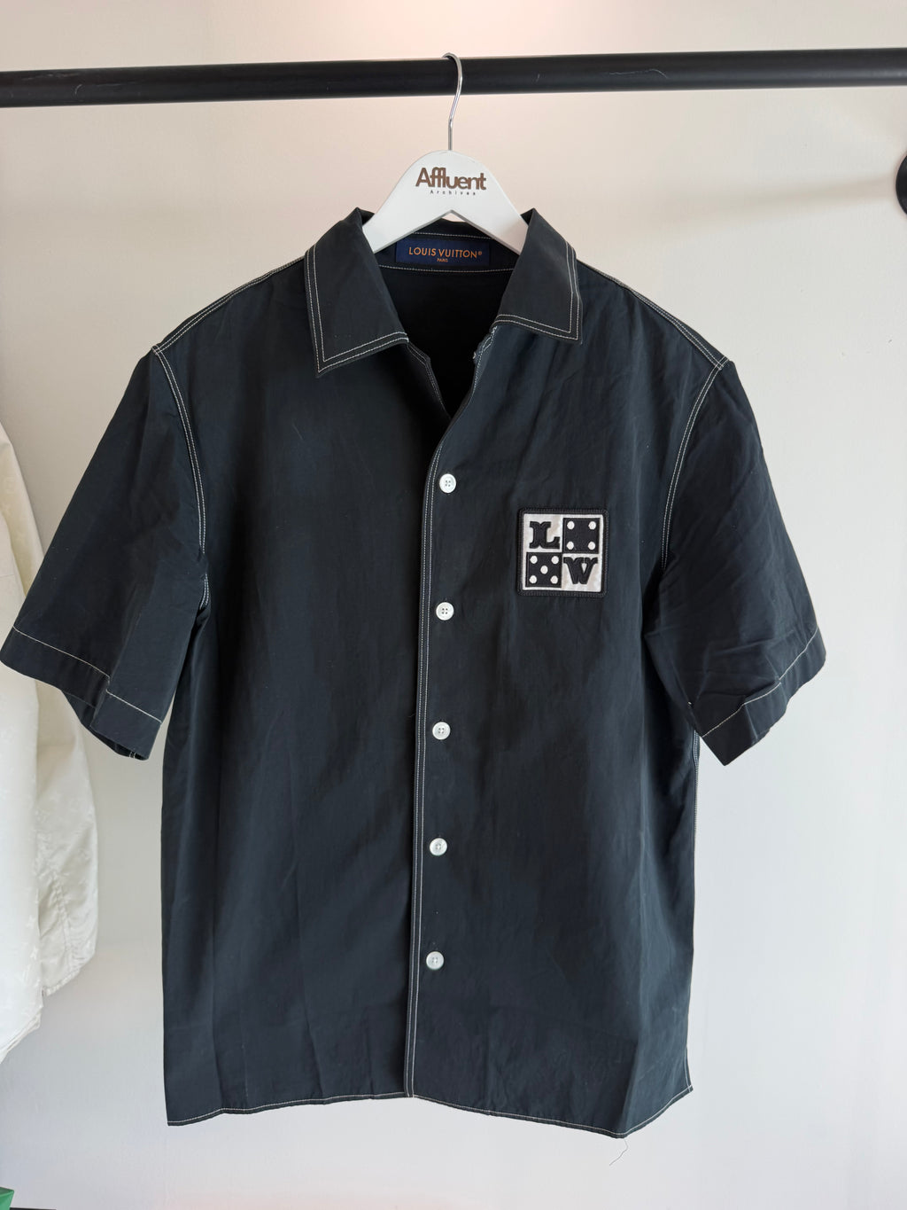 LOUIS VUITTON BLACK OPEN COLLAR LOGO SHIRT - MEDIUM | PRE OWNED