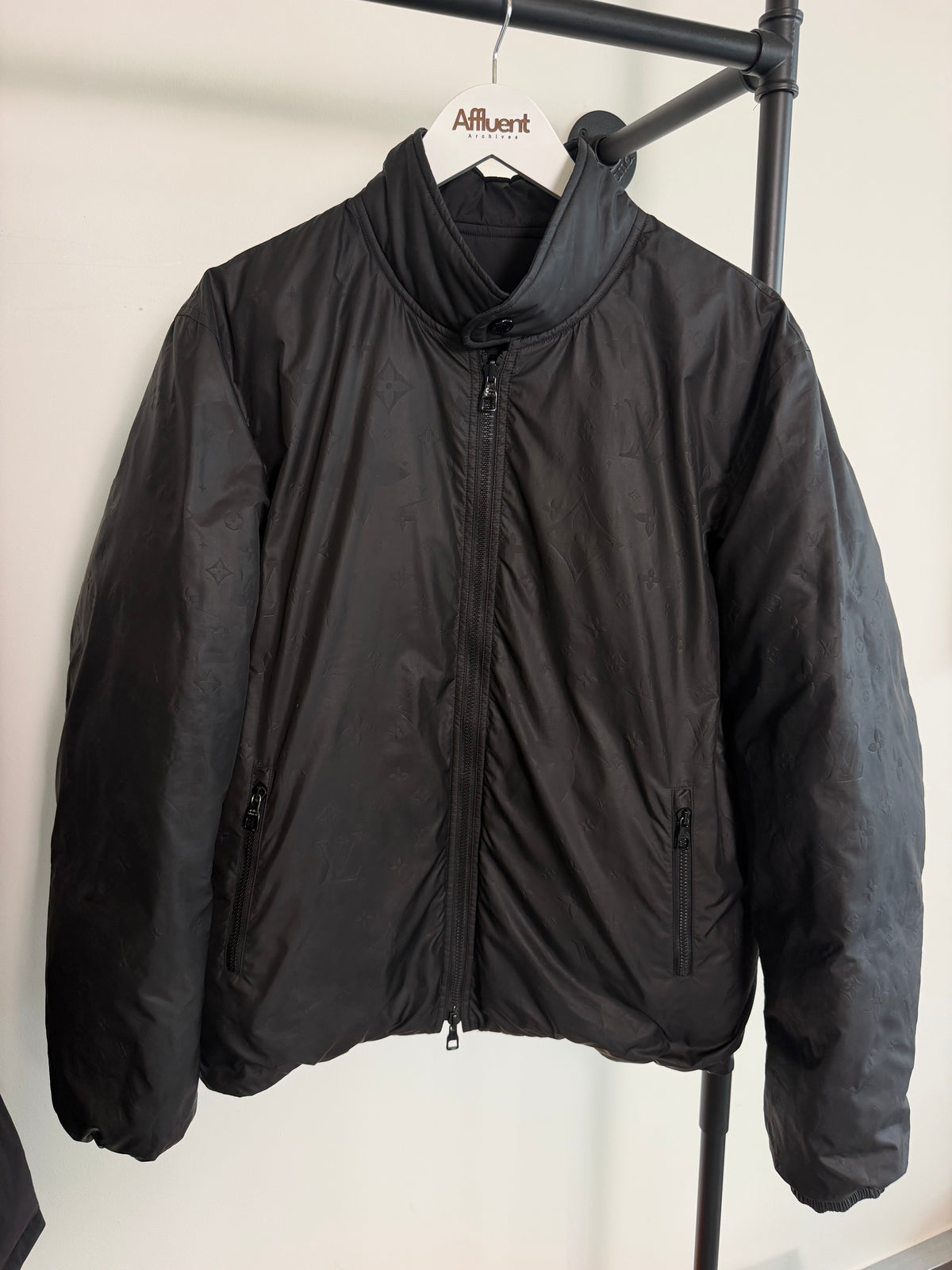 LOUIS VUITTON BLACK REVERSIBLE MONOGRAM DOWN JACKET - XL (Fits L) | PRE OWNED