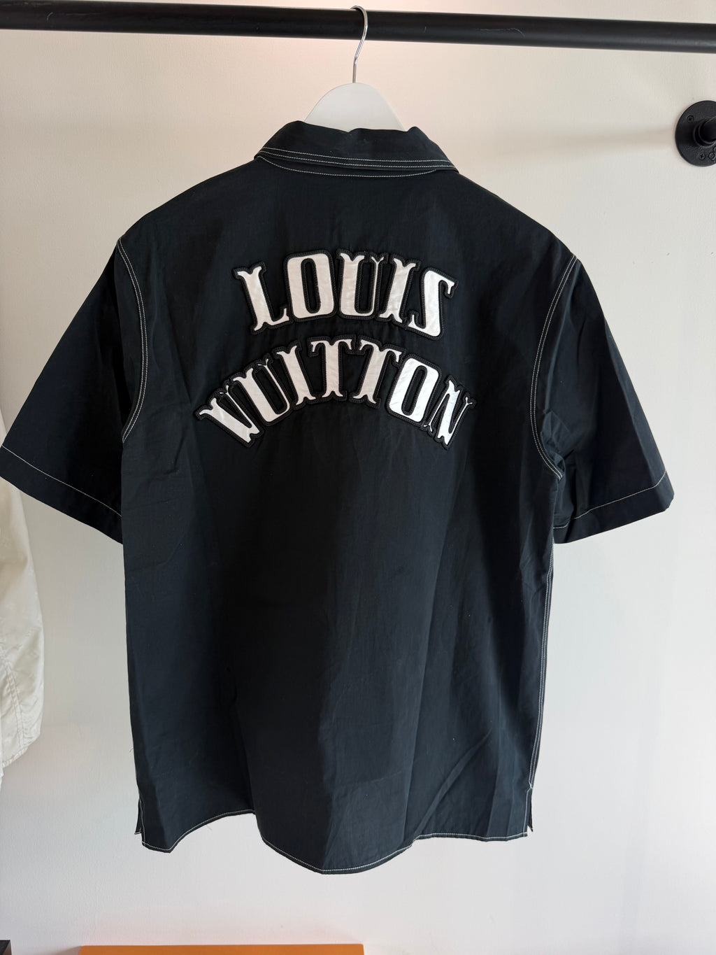 LOUIS VUITTON BLACK OPEN COLLAR LOGO SHIRT - MEDIUM | PRE OWNED