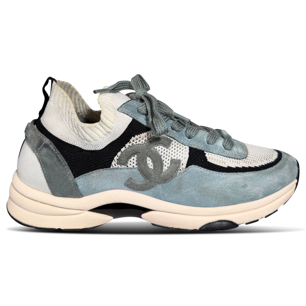 CHANEL LIGHT BLUE KNITTED RUNNER TRAINER - UK 10 (44) | PRE OWNED