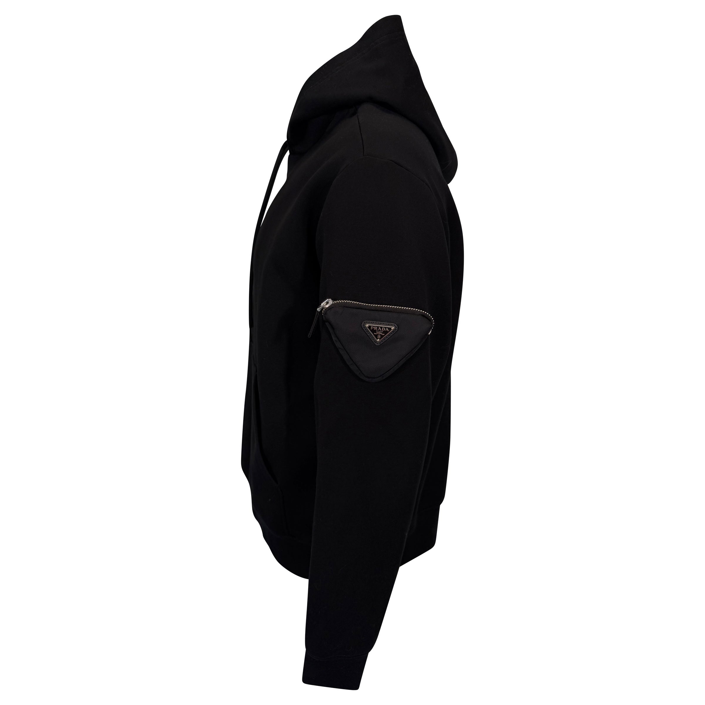 PRADA BLACK TRIANGLE ARM POCKET HOODIE - LARGE `(Fits XL) | PRE OWNED