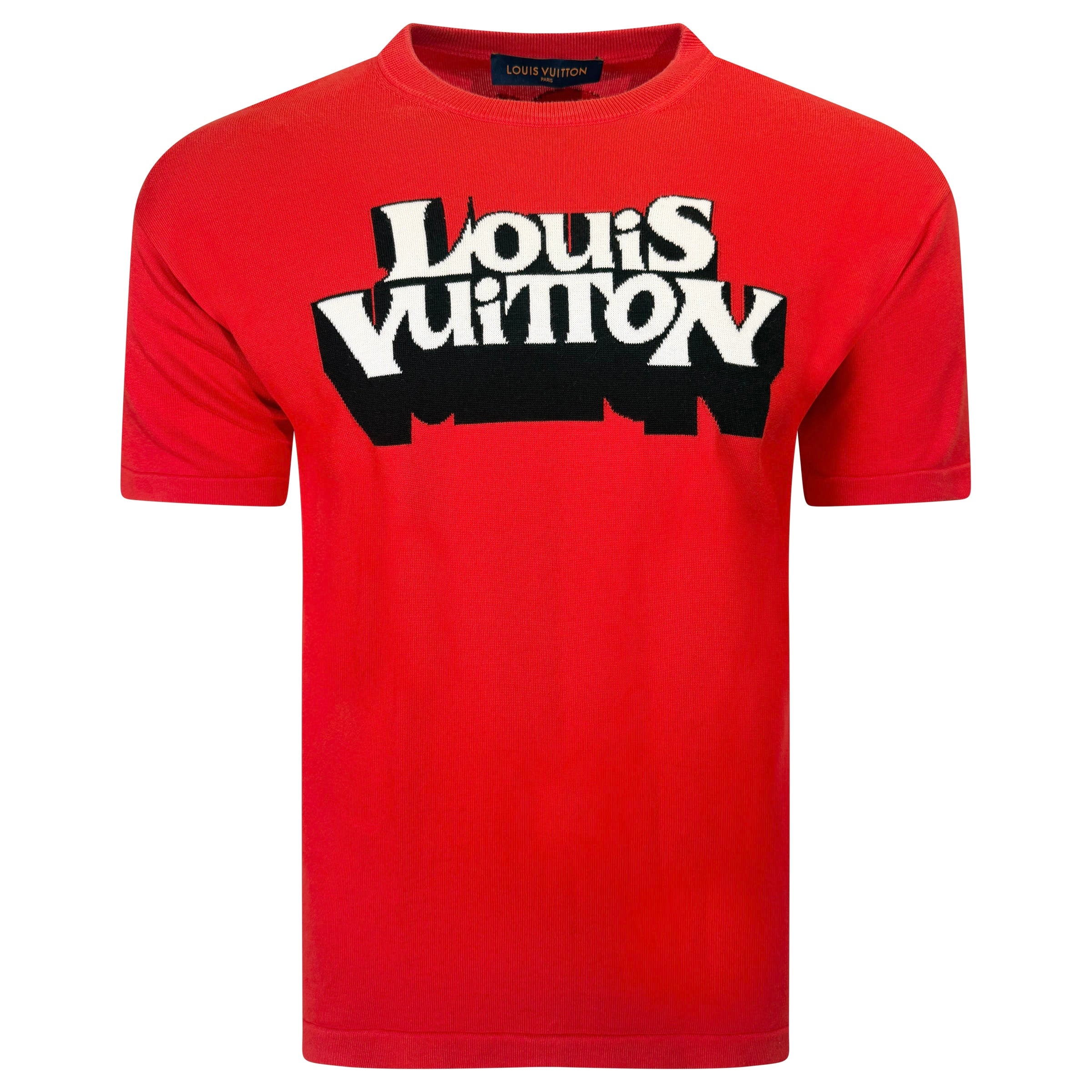 LOUIS VUITTON RED KNITTED LOGO T SHIRT - SMALL (Fits Medium)  PRE OWNED