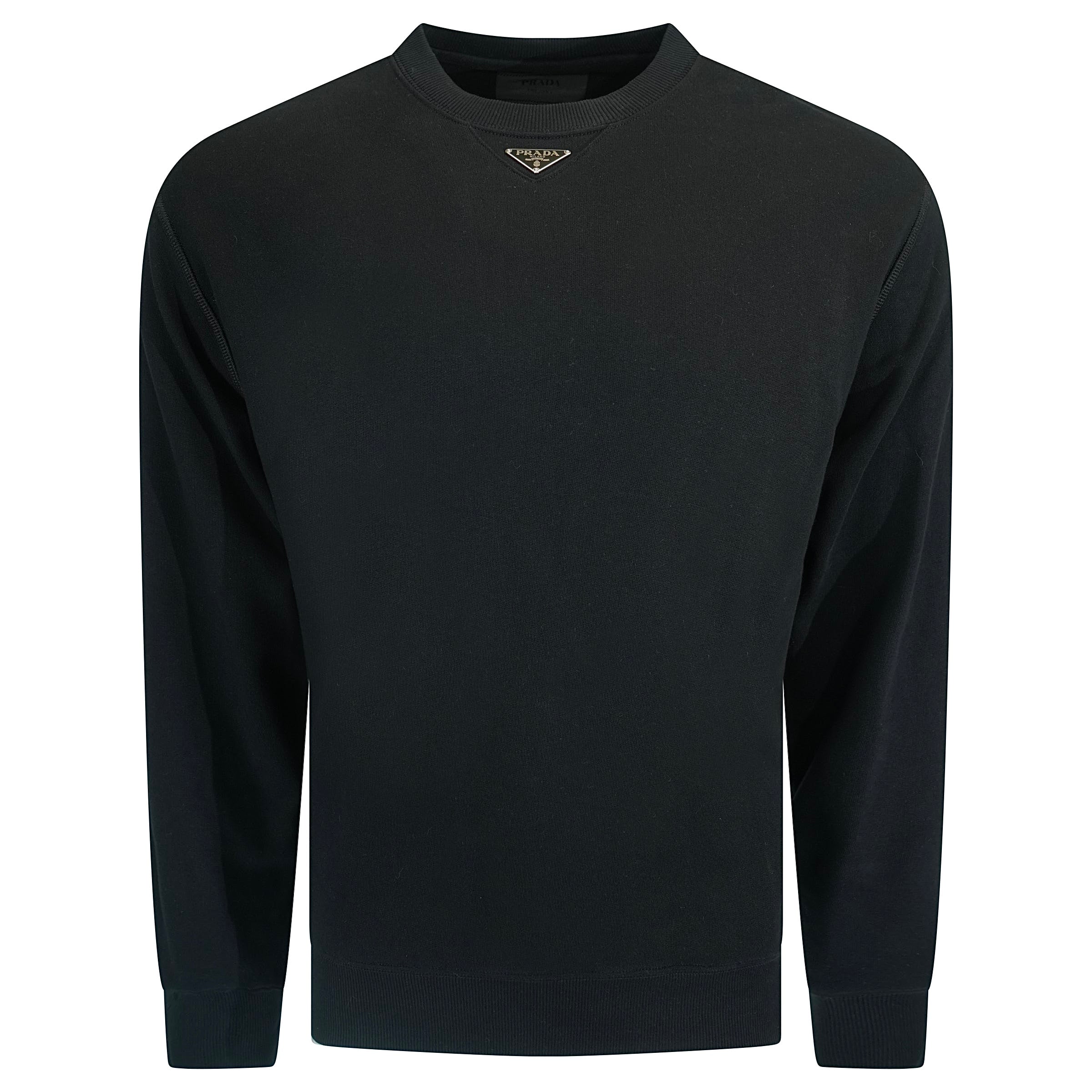 PRADA PLAQUE CREWNECK BLACK SWEATSHIRT - XS (Fits Large) | PRE OWNED