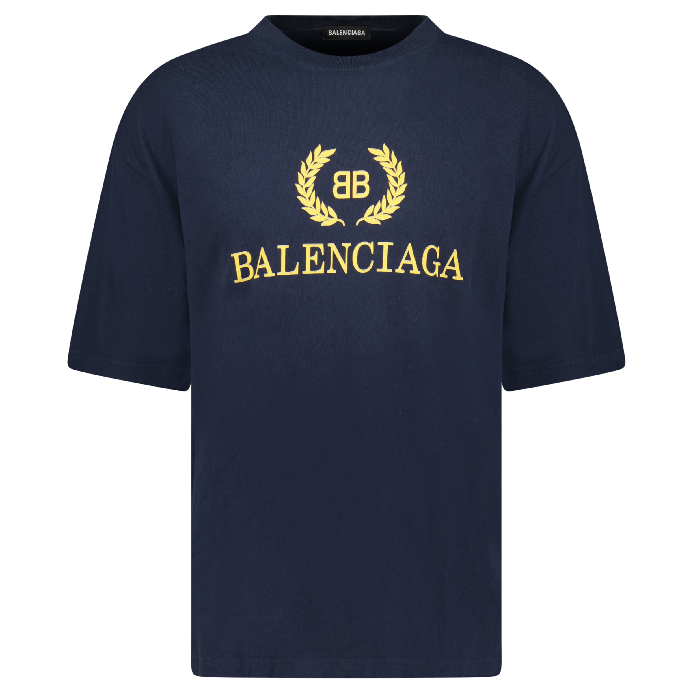 BALENCIAGA NAVY LOGO T SHIRT - MEDIUM (Fits Large) | PRE OWNED - Affluent ArchivesUsed HIGH END DESIGNER CLOTHING
