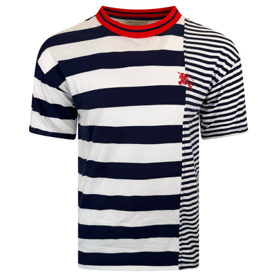 BURBERRY NAVY / WHITE STRIPED LOGO T SHIRT - MEDIUM - Affluent ArchivesUsed HIGH END DESIGNER CLOTHING