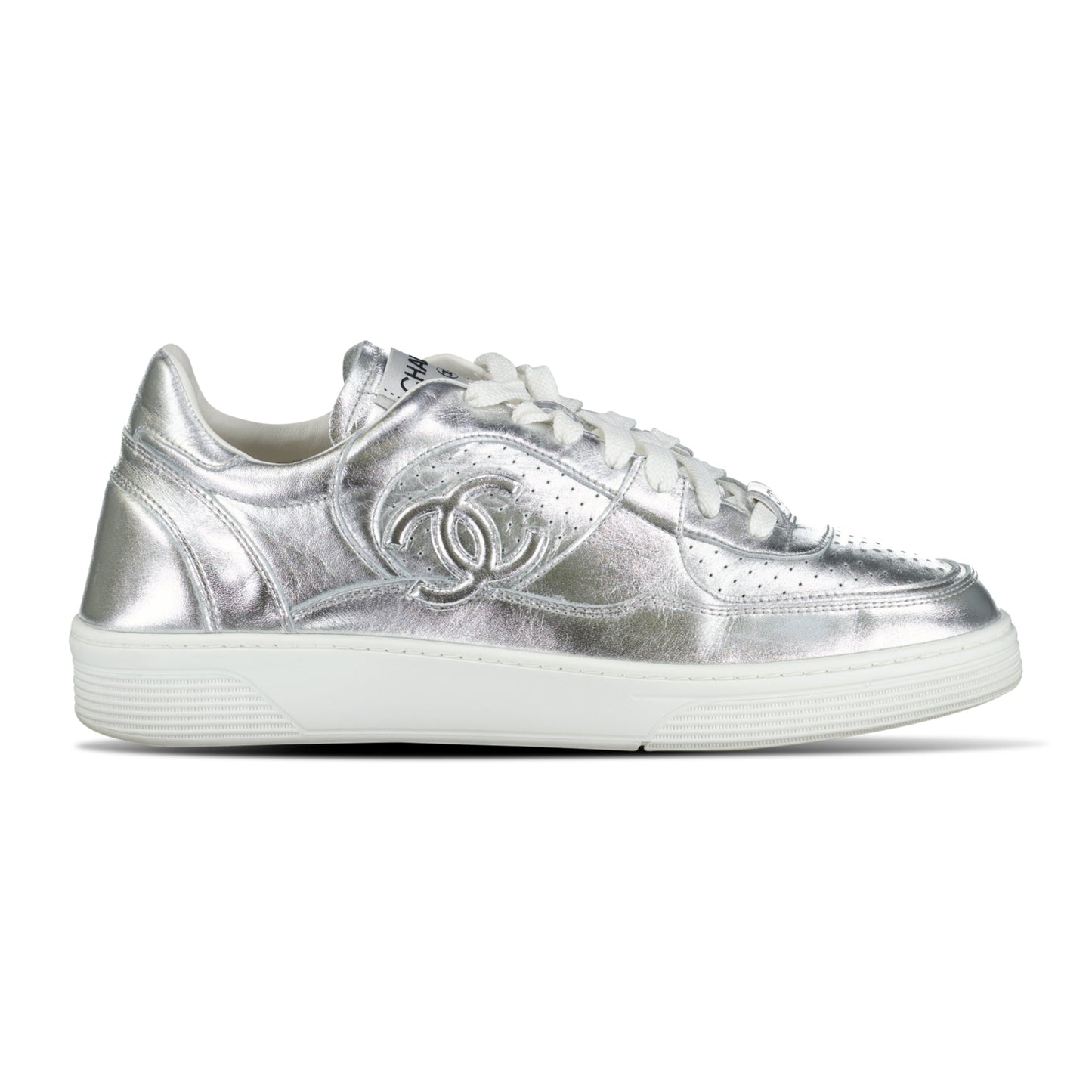 CHANEL SILVER LOW TRAINER - UK 8 (42) - Affluent ArchivesUsed HIGH END DESIGNER CLOTHING
