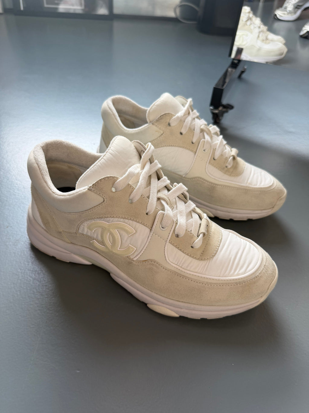 CHANEL TRIPLE WHITE / BEIGE TRAINER - UK 6 (40) | PRE OWNED - Affluent ArchivesUsed HIGH END DESIGNER CLOTHING