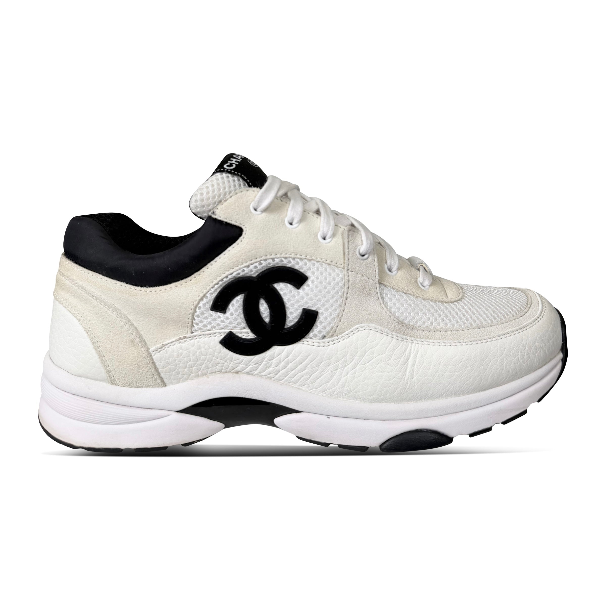 CHANEL WHITE CC LEATHER / MESH SNEAKER - UK 8 (42) - Affluent ArchivesUsed HIGH END DESIGNER CLOTHING
