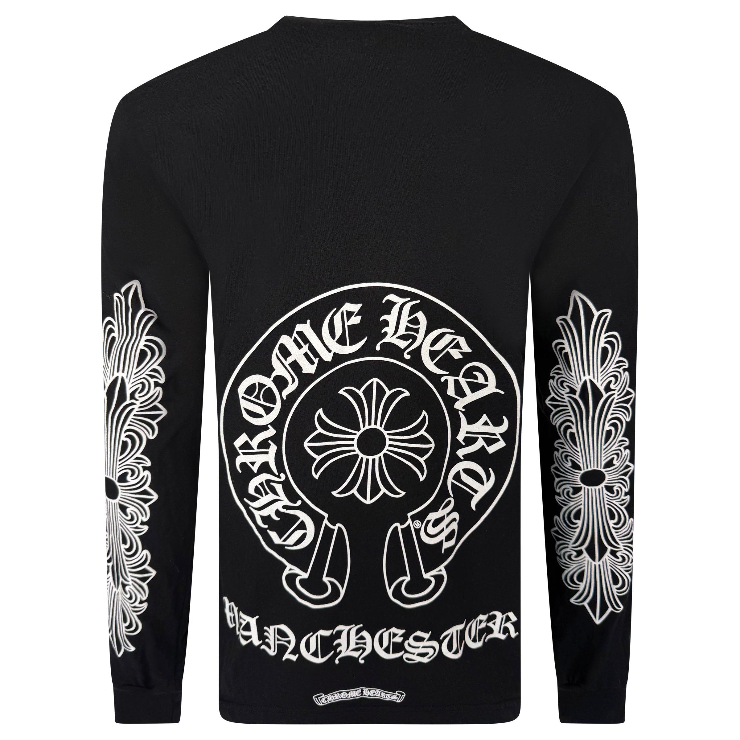 CHROME HEARTS LONG SLEEVED BLACK LOGO T SHIRT - LARGE (Fits XL) | PRE OWNED - Affluent ArchivesUsed HIGH END DESIGNER CLOTHING