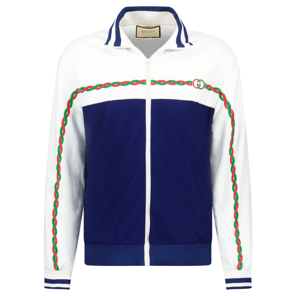 GUCCI BLUE / WHITE TRACK JACKET - LARGE (Fits XL) - Affluent ArchivesUsed HIGH END DESIGNER CLOTHING