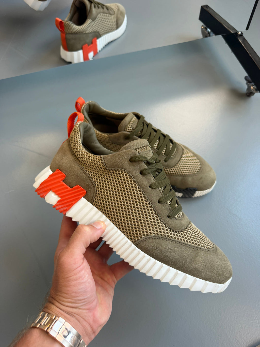 HERMES BOUNCING KHAKI TRAINER - UK 8 (Fits 8.5) | PRE OWNED - Affluent ArchivesUsed HIGH END DESIGNER CLOTHING