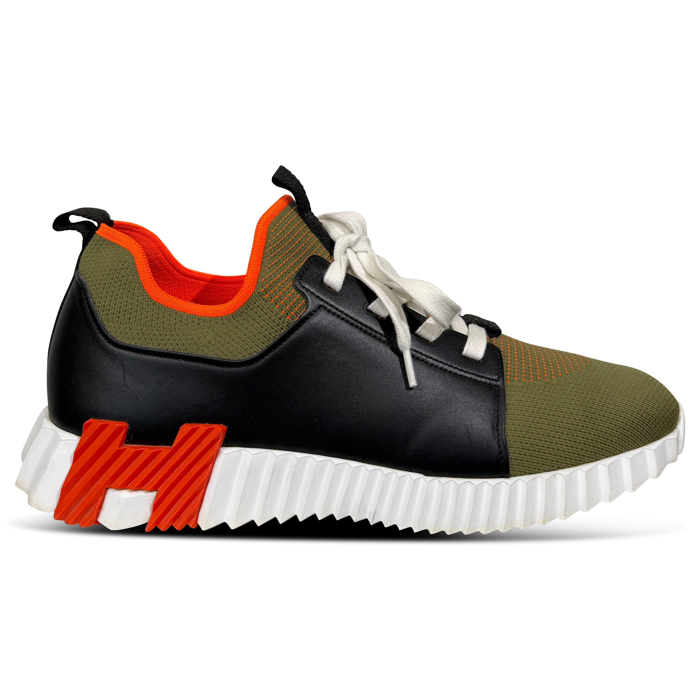 HERMES DEPART KHAKI / BLACK TRAINER - UK 11 | PRE OWNED - Affluent ArchivesUsed HIGH END DESIGNER CLOTHING