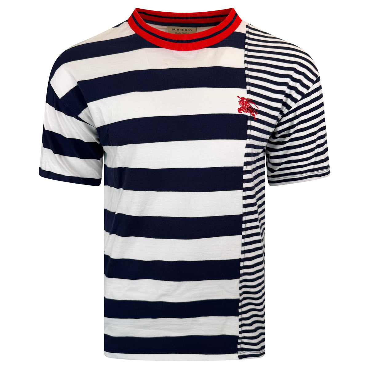 BURBERRY NAVY / WHITE STRIPED LOGO T SHIRT - MEDIUM