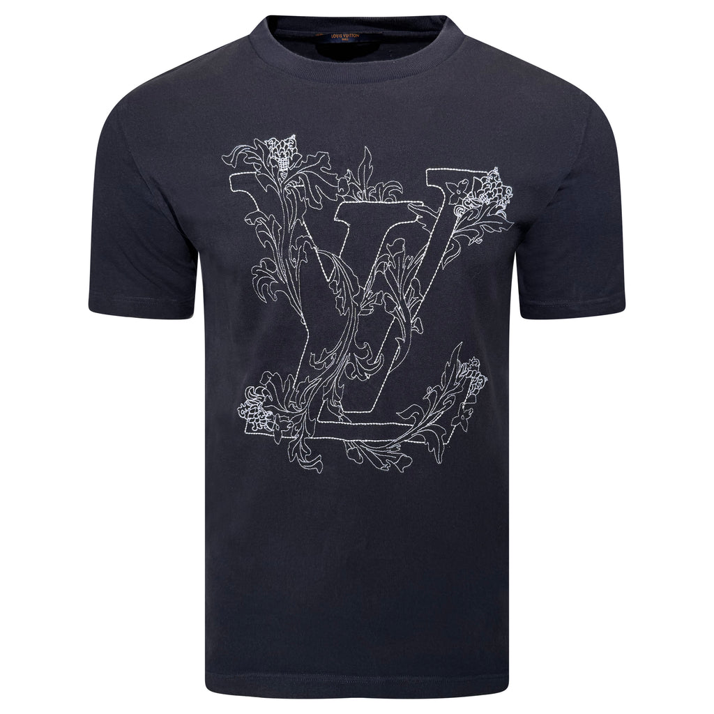 LOUIS VUITTON NAVY FLORAL EMBROIDERED T SHIRT - MEDIUM | PRE OWNED
