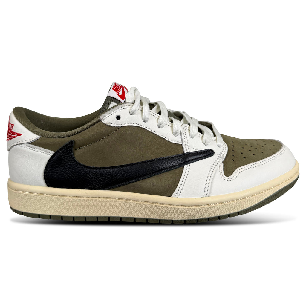 NIKE TRAVIS SCOTT X AIR JORDAN 1 LOW MEDIUM OLIVE TRAINER - UK 7.5 | PRE OWNED