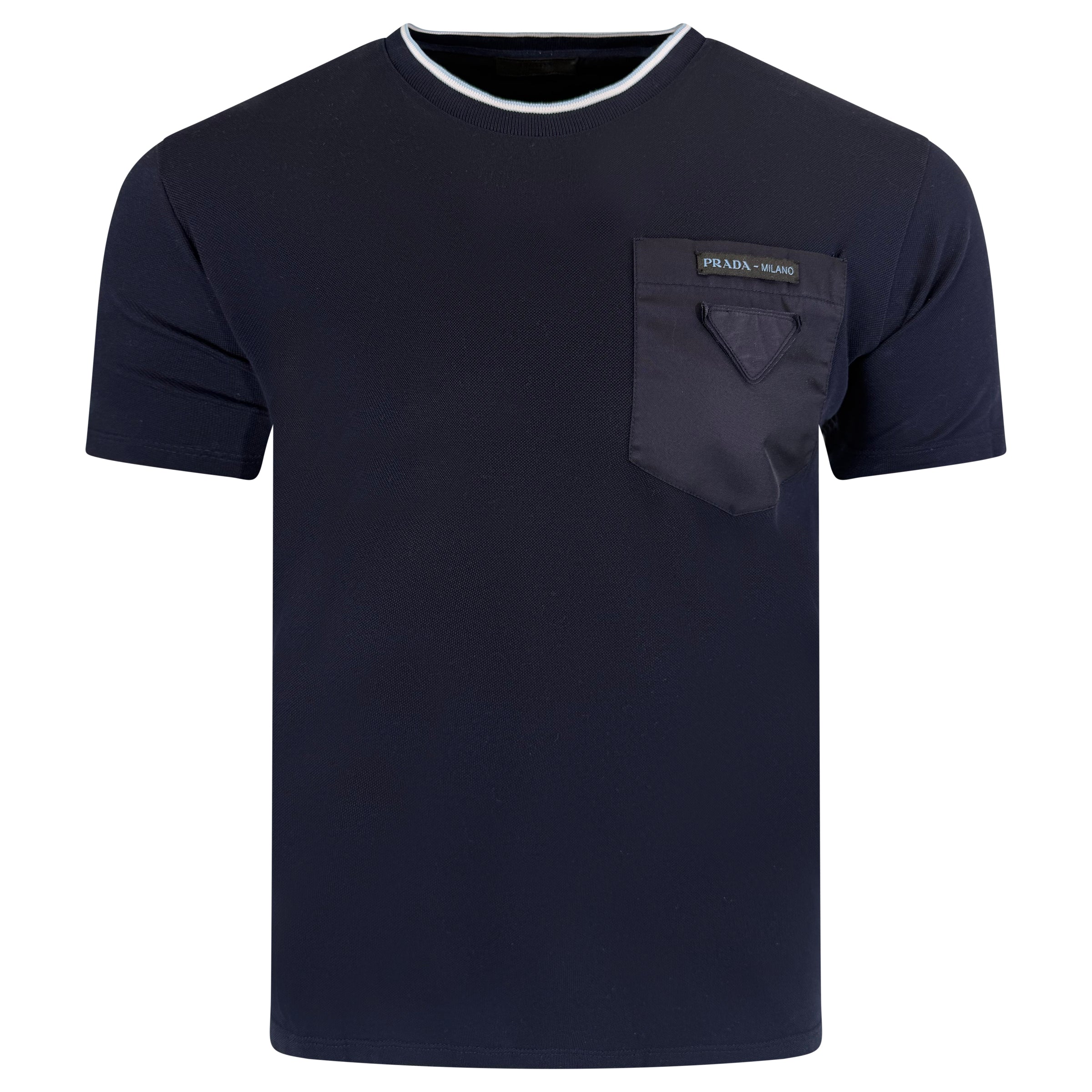 PRADA NAVY TRIANGLE BADGE POCKET T SHIRT - MEDIUM (Fits Small) | PRE OWNED