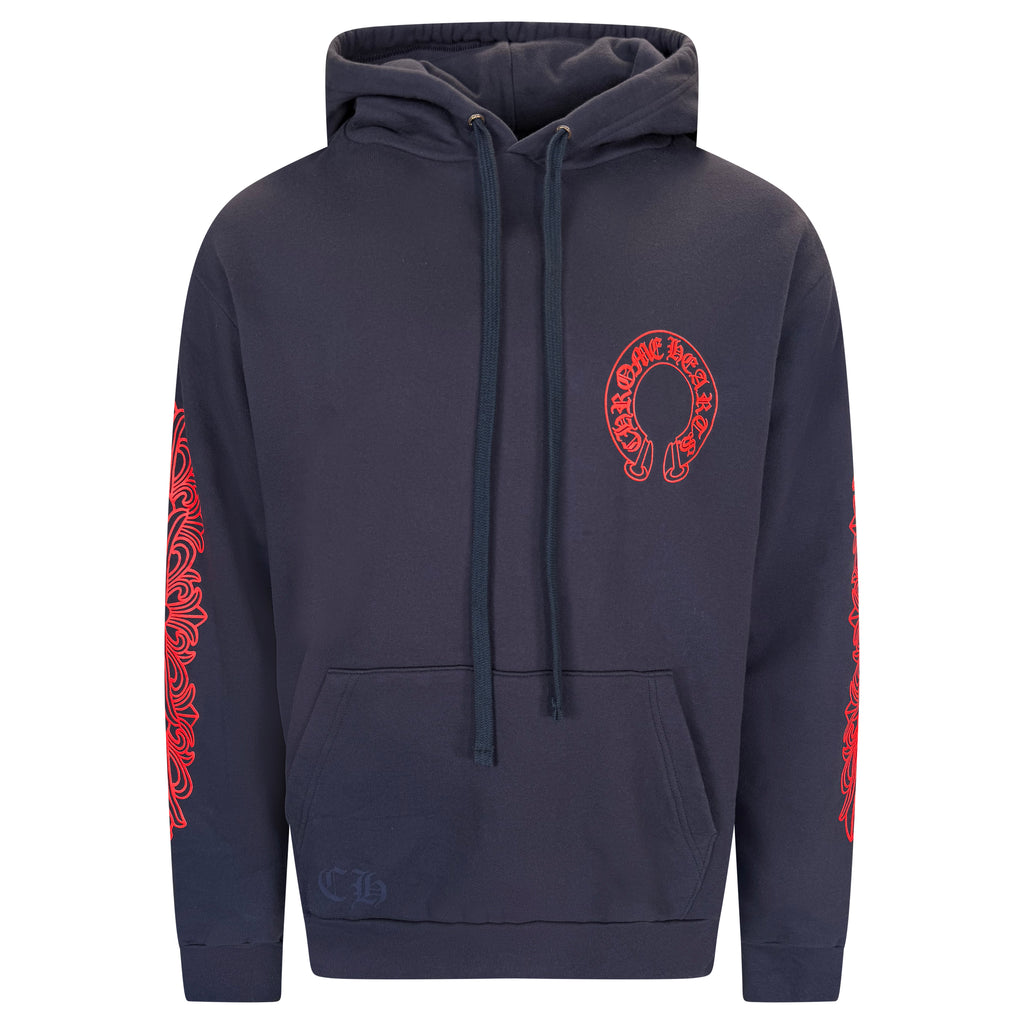 CHROME HEARTS NAVY / RED HORSE SHOE HOODIE - LARGE | PRE OWNED