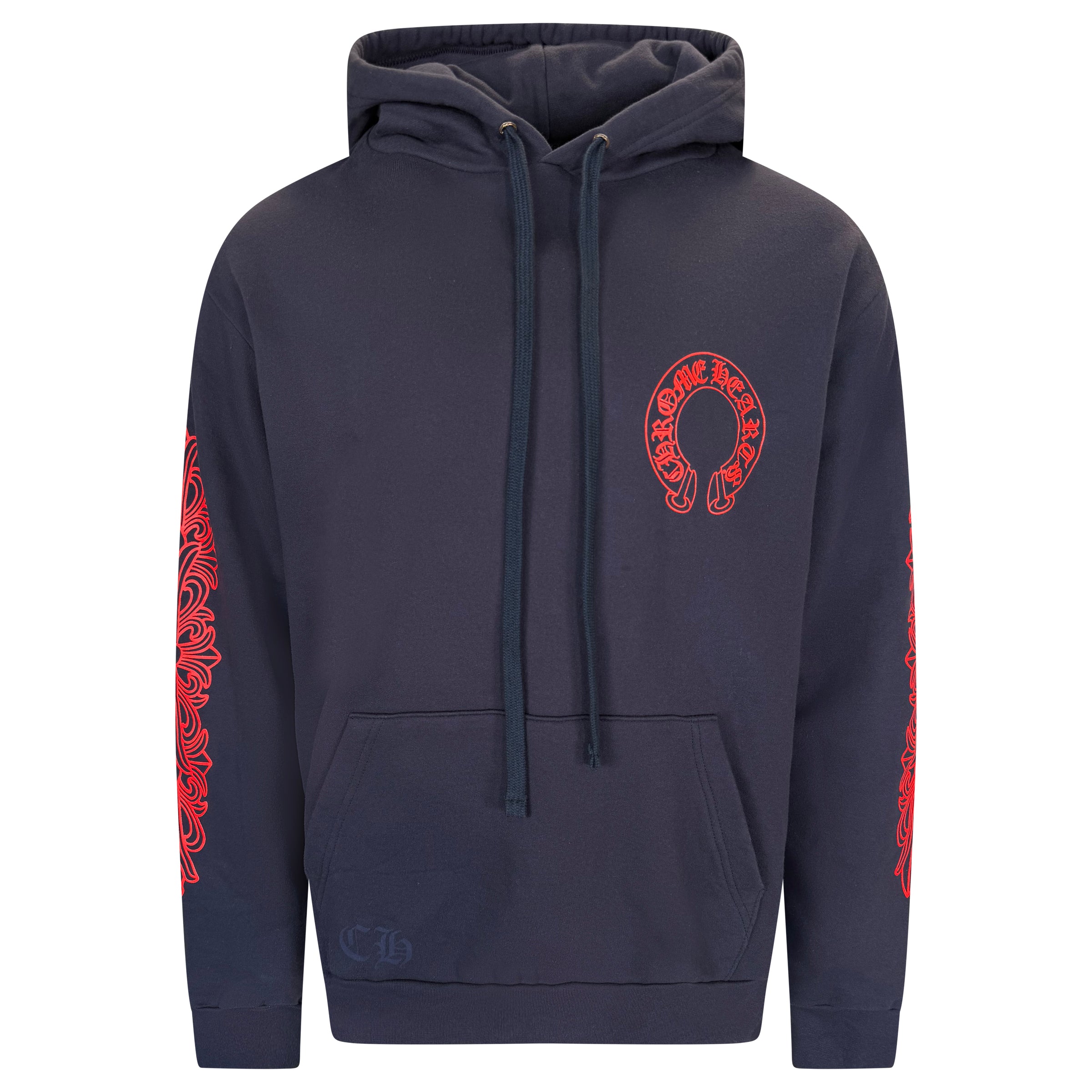 CHROME HEARTS NAVY / RED HORSE SHOE HOODIE - LARGE | PRE OWNED
