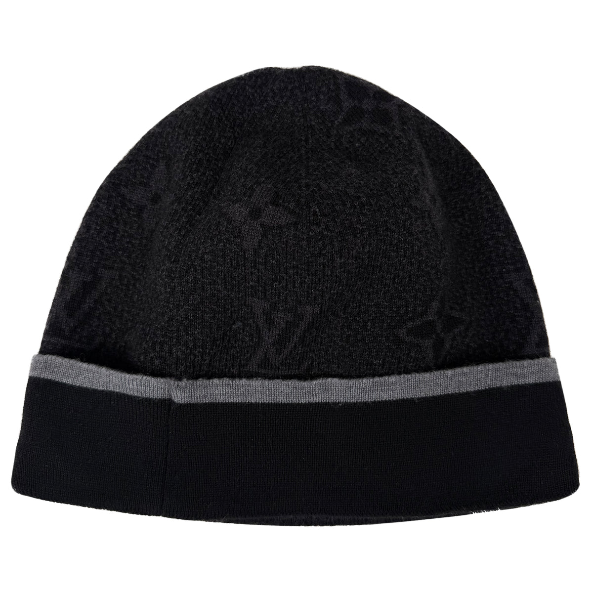 LOUIS VUITTON BLACK / GREY MONOGRAM BEANIE - PRE OWNED - Affluent ArchivesUsed HIGH END DESIGNER CLOTHING