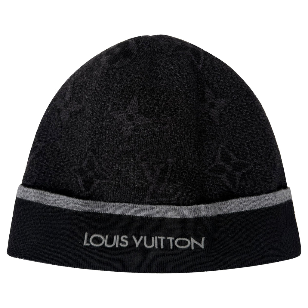 LOUIS VUITTON BLACK / GREY MONOGRAM BEANIE - PRE OWNED - Affluent ArchivesUsed HIGH END DESIGNER CLOTHING