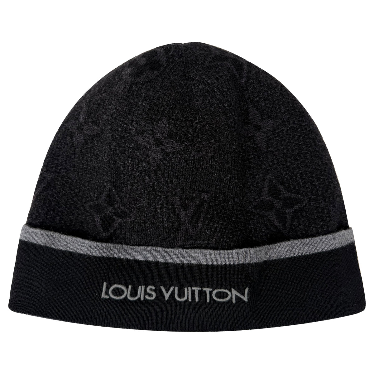 LOUIS VUITTON BLACK / GREY MONOGRAM BEANIE - PRE OWNED - Affluent ArchivesUsed HIGH END DESIGNER CLOTHING