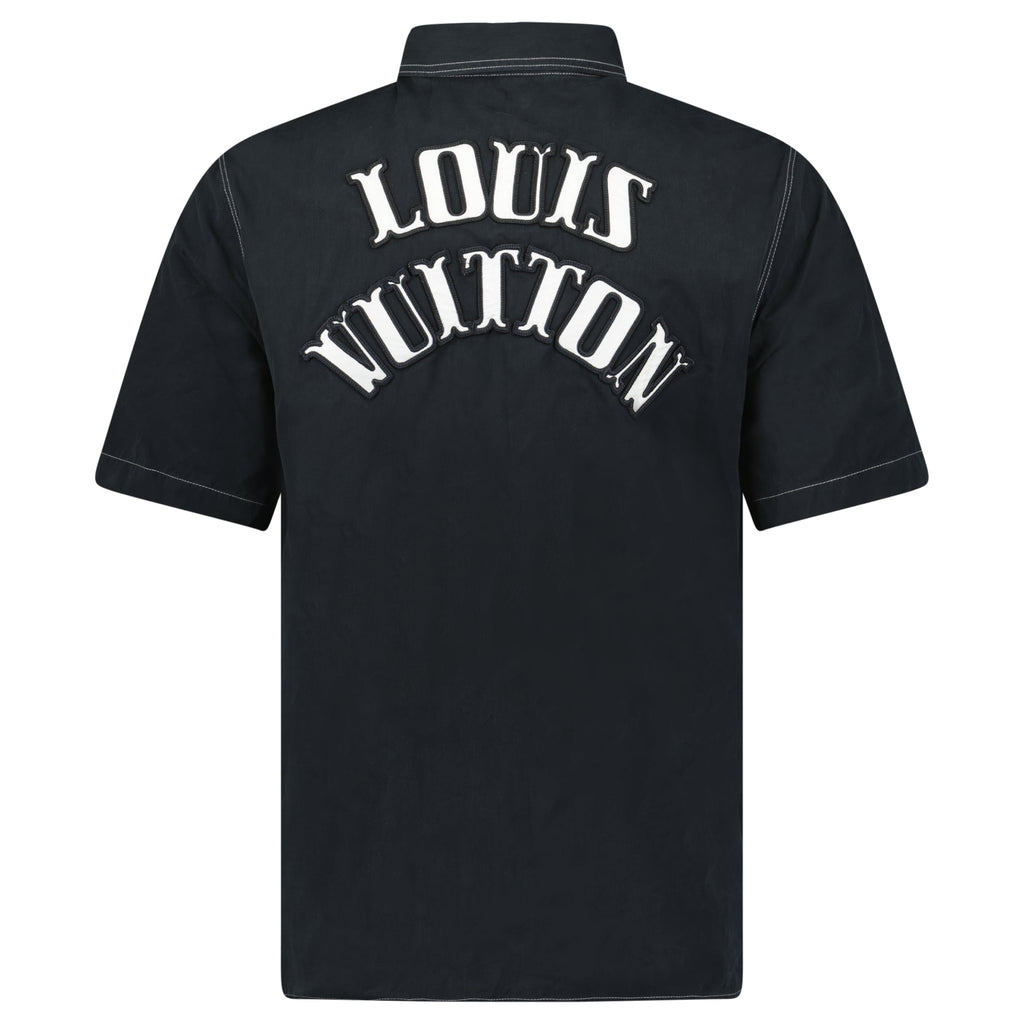 LOUIS VUITTON BLACK OPEN COLLAR LOGO SHIRT - LARGE (Fits M) - Affluent ArchivesUsed HIGH END DESIGNER CLOTHING