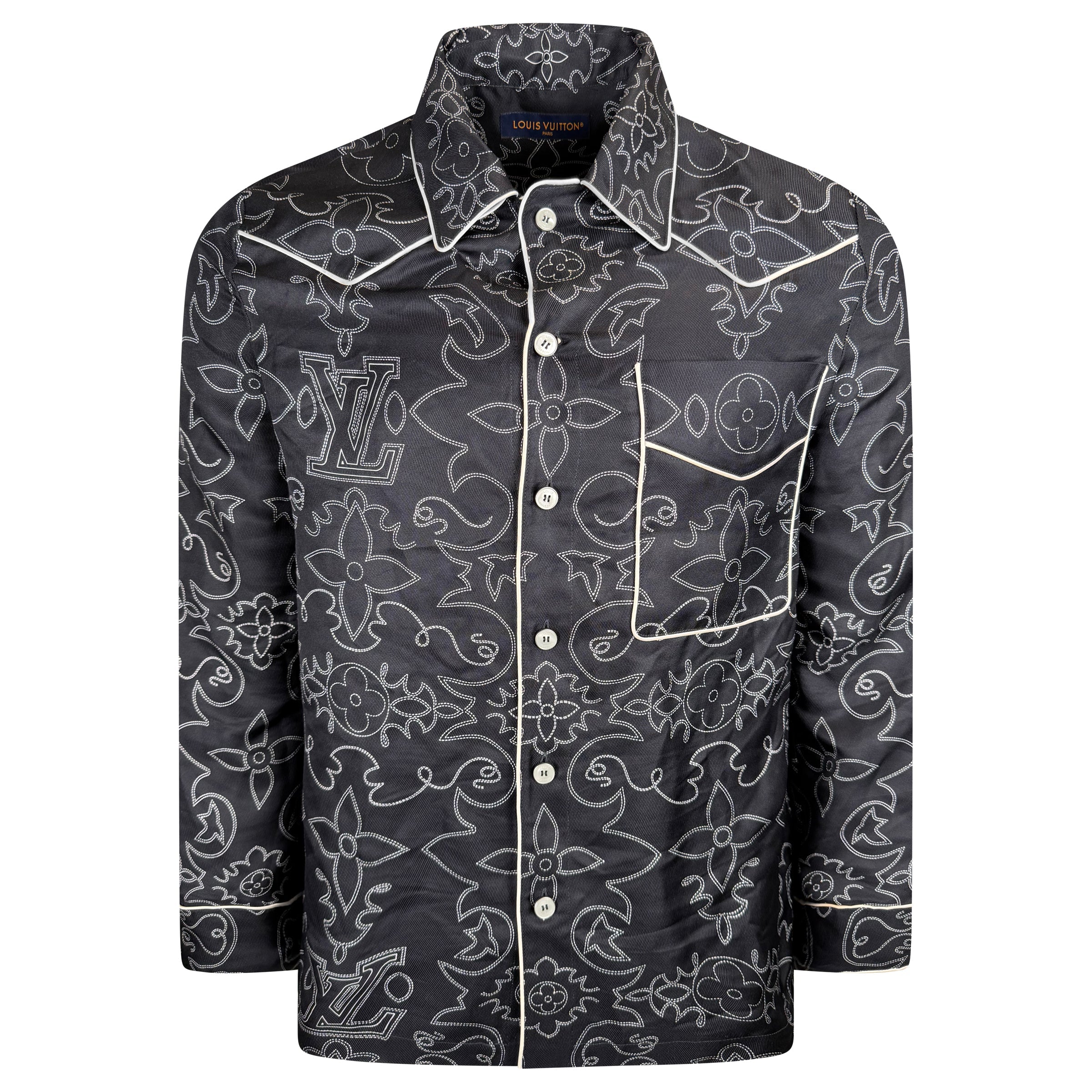 LOUIS VUITTON BLACK / WHITE MONOGRAM LONG SLEEVED SHIRT - SMALL (Fits Medium - Affluent ArchivesUsed HIGH END DESIGNER CLOTHING