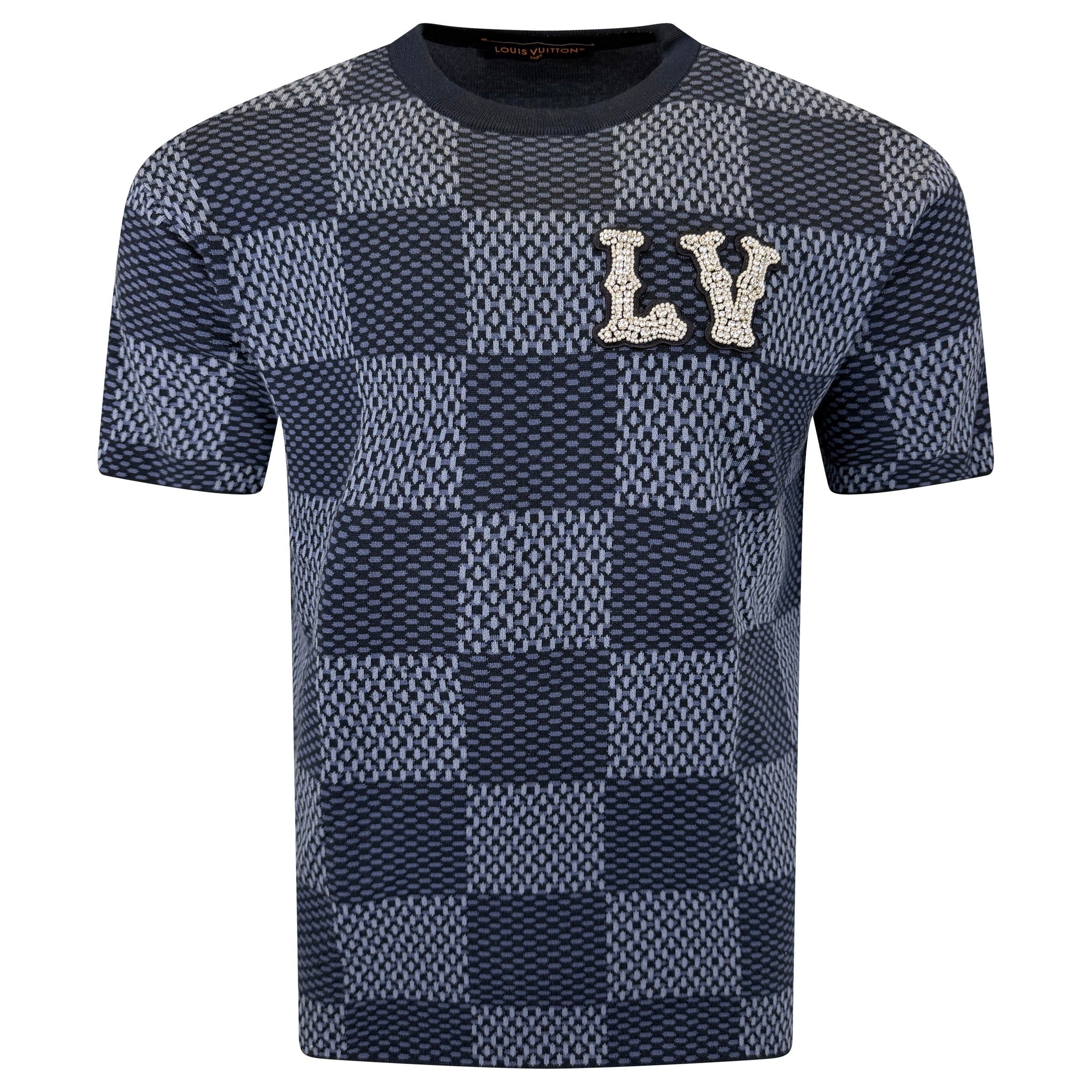 LOUIS VUITTON BLUE DAMIER CRYSTAL LV T SHIRT - MEDIUM | PRE OWNED - Affluent ArchivesUsed HIGH END DESIGNER CLOTHING