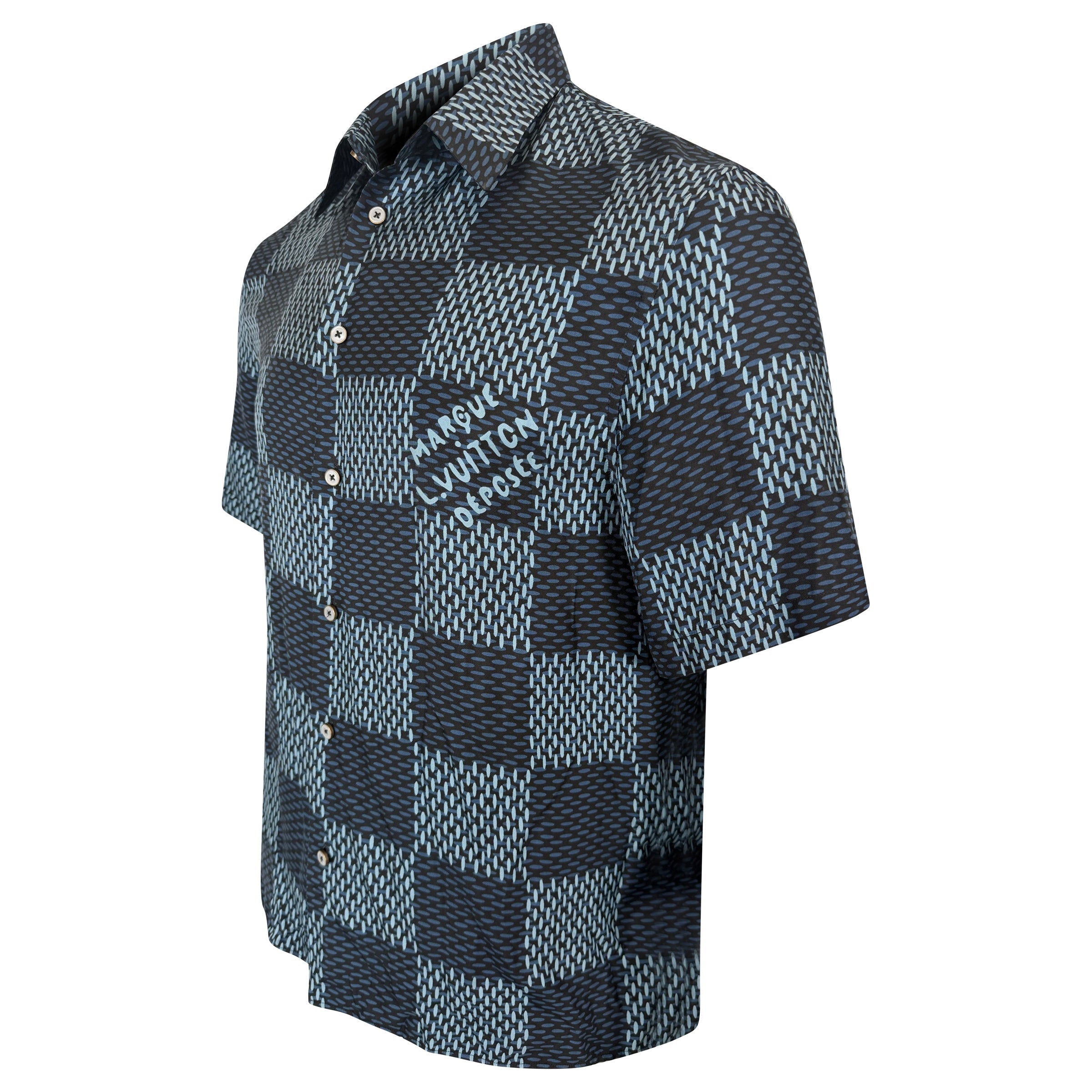 LOUIS VUITTON DAMIER SILK SHIRT BLUE - MEDIUM (Fits Large) - Affluent ArchivesUsed HIGH END DESIGNER CLOTHING