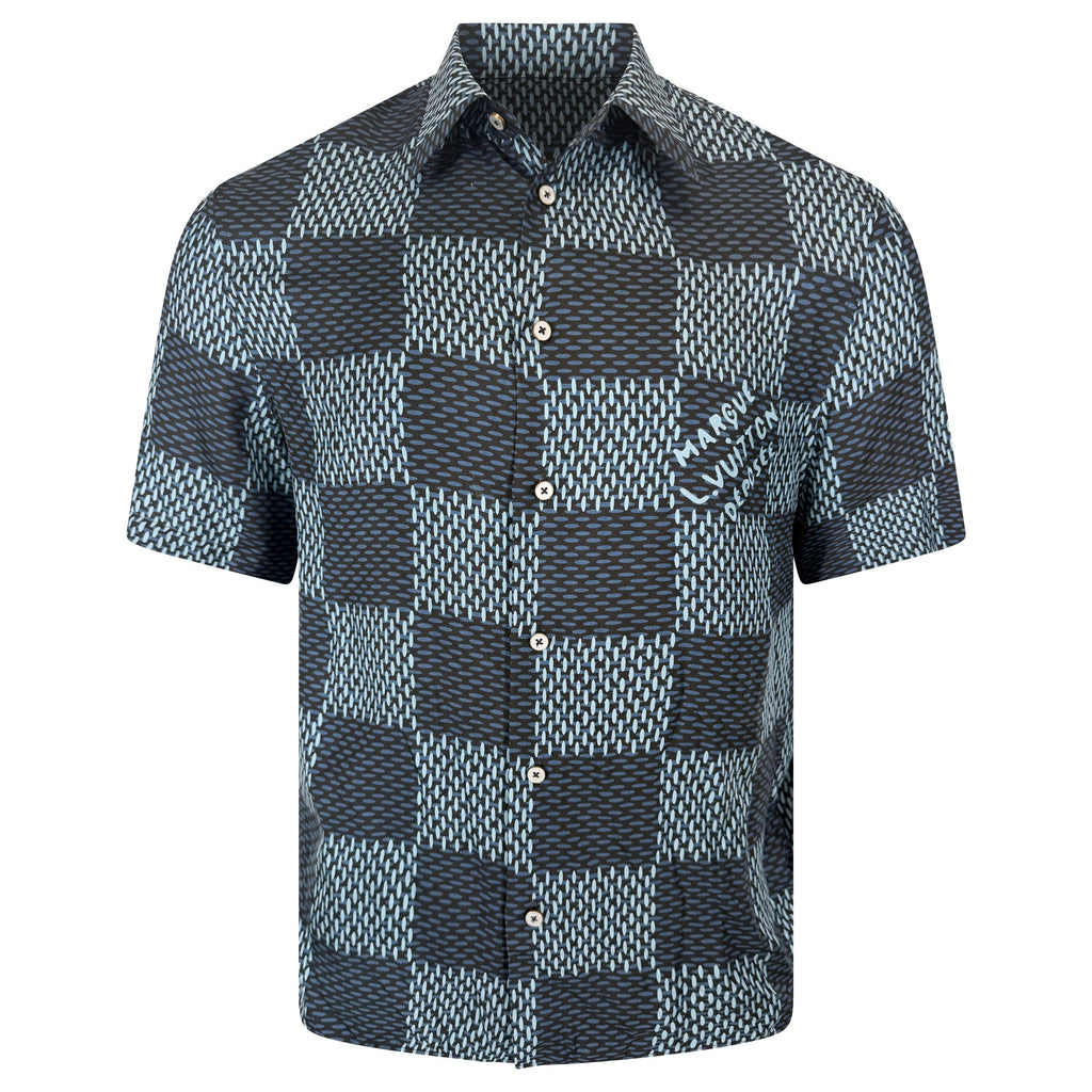 LOUIS VUITTON DAMIER SILK SHIRT BLUE - MEDIUM (Fits Large) - Affluent ArchivesUsed HIGH END DESIGNER CLOTHING