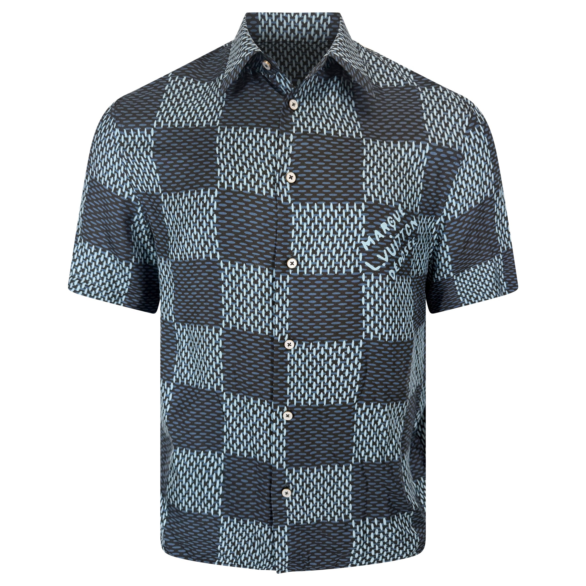 LOUIS VUITTON DAMIER SILK SHIRT BLUE - MEDIUM (Fits Large) - Affluent ArchivesUsed HIGH END DESIGNER CLOTHING