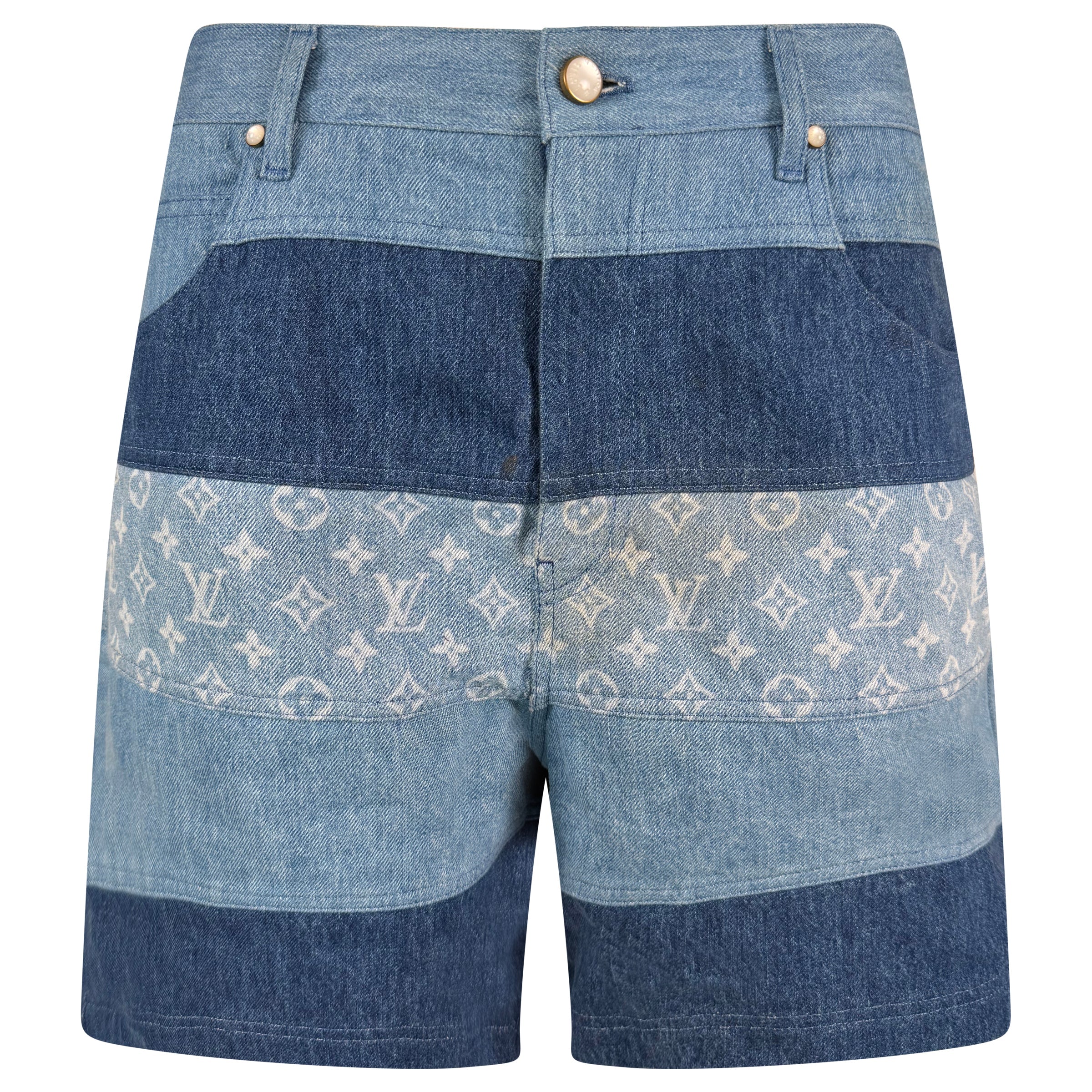 LOUIS VUITTON DENIM MONOGRAM PATCHWORK SHORTS - 38W | PRE OWNED - Affluent ArchivesUsed HIGH END DESIGNER CLOTHING