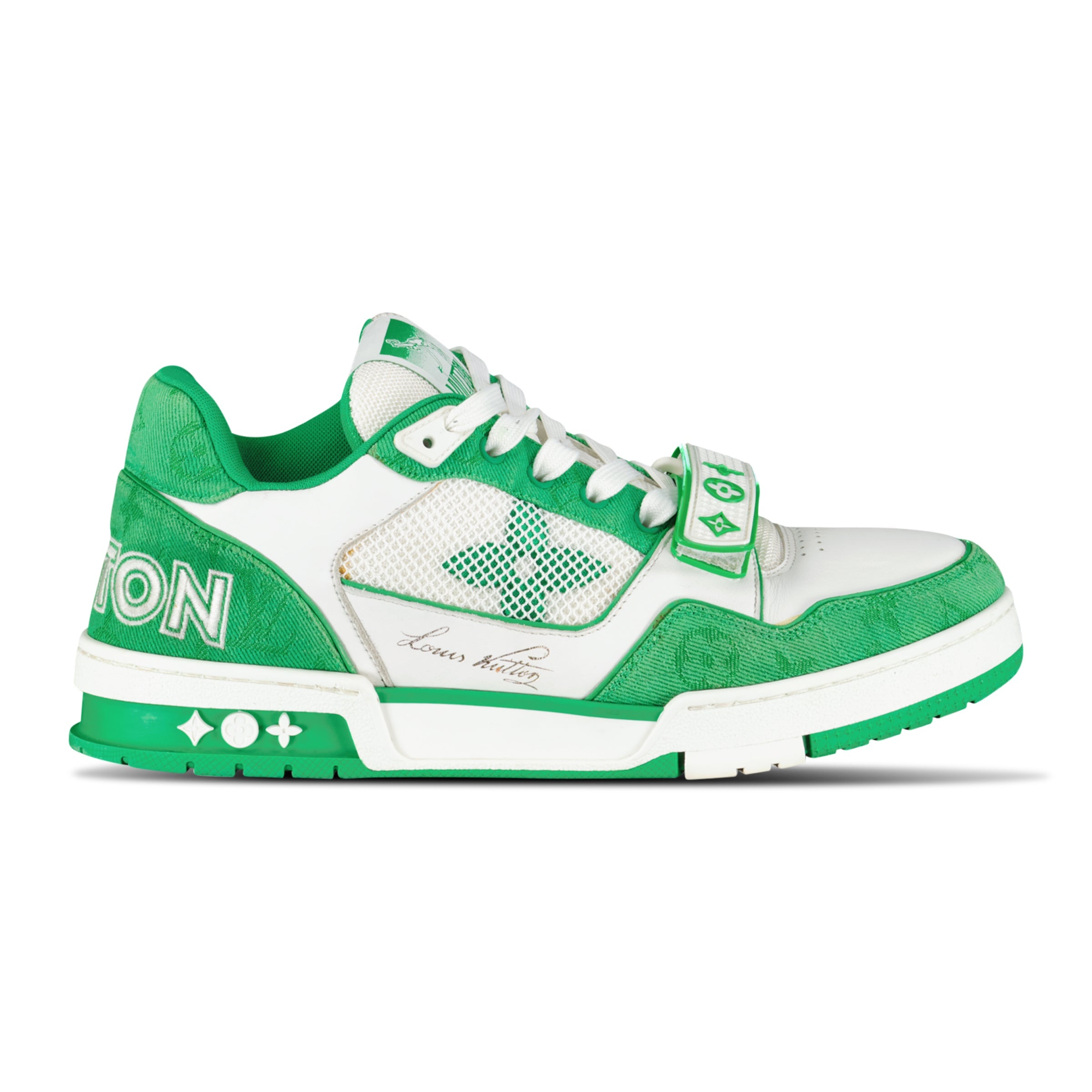 LOUIS VUITTON GREEN / WHITE LV TRAINER - UK 8 (Fit 9) - Affluent ArchivesUsed HIGH END DESIGNER CLOTHING