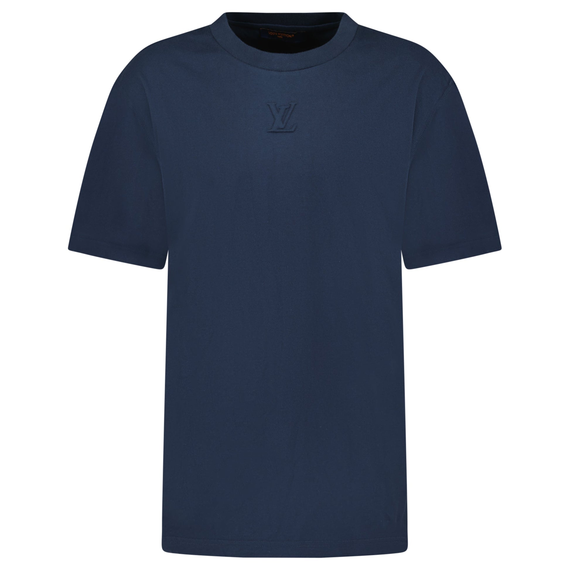 LOUIS VUITTON NAVY EMBOSSED T SHIRT - LARGE - Affluent ArchivesUsed HIGH END DESIGNER CLOTHING