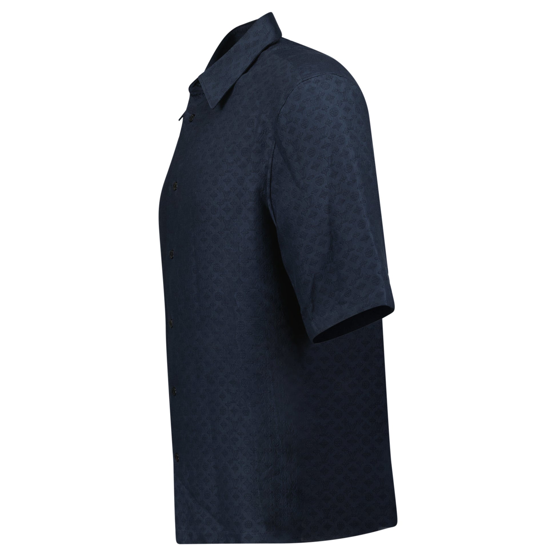 LOUIS VUITTON NAVY MONOGRAM SILK SHIRT - SMALL (Fits Medium) - Affluent ArchivesUsed HIGH END DESIGNER CLOTHING