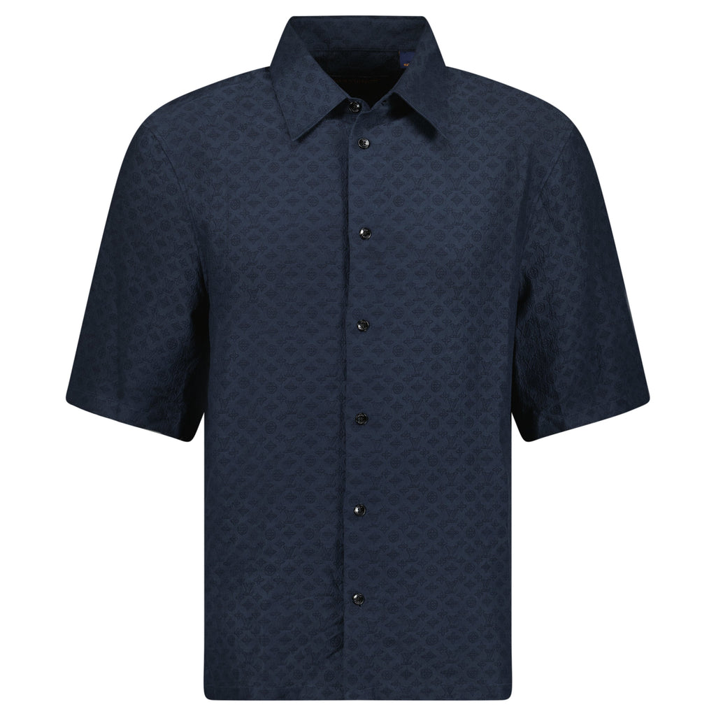 LOUIS VUITTON NAVY MONOGRAM SILK SHIRT - SMALL (Fits Medium) - Affluent ArchivesUsed HIGH END DESIGNER CLOTHING